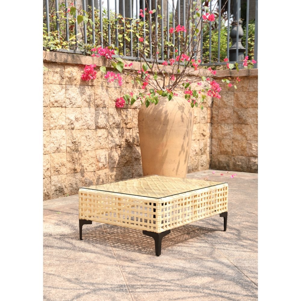 Patio Coffee Table Weatherproof Wicker with Tempered Glass Top