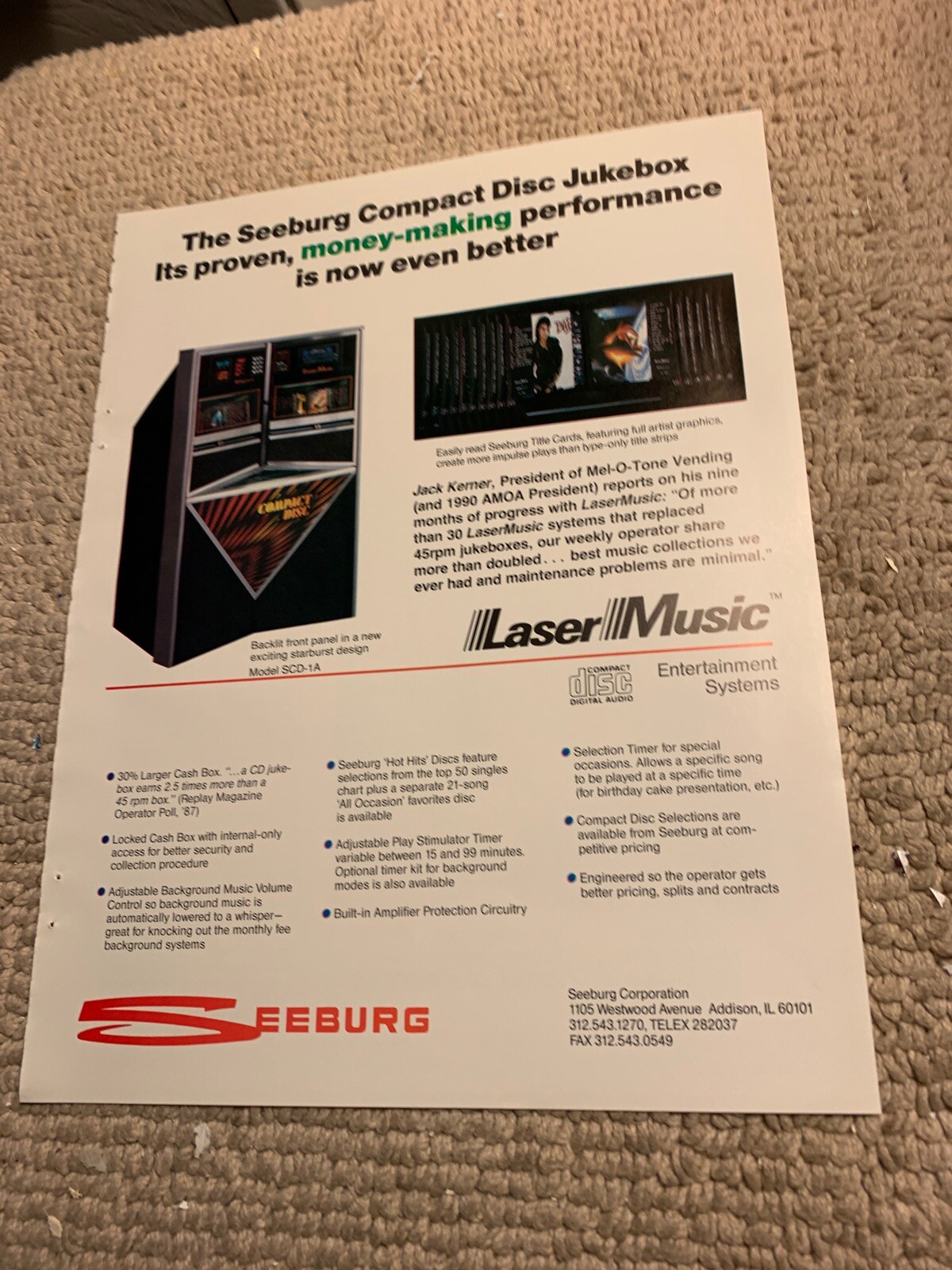 11- 8 1/4” Seeburg Jukebox Later Scd -1a  1988 arcade game AD FLYER