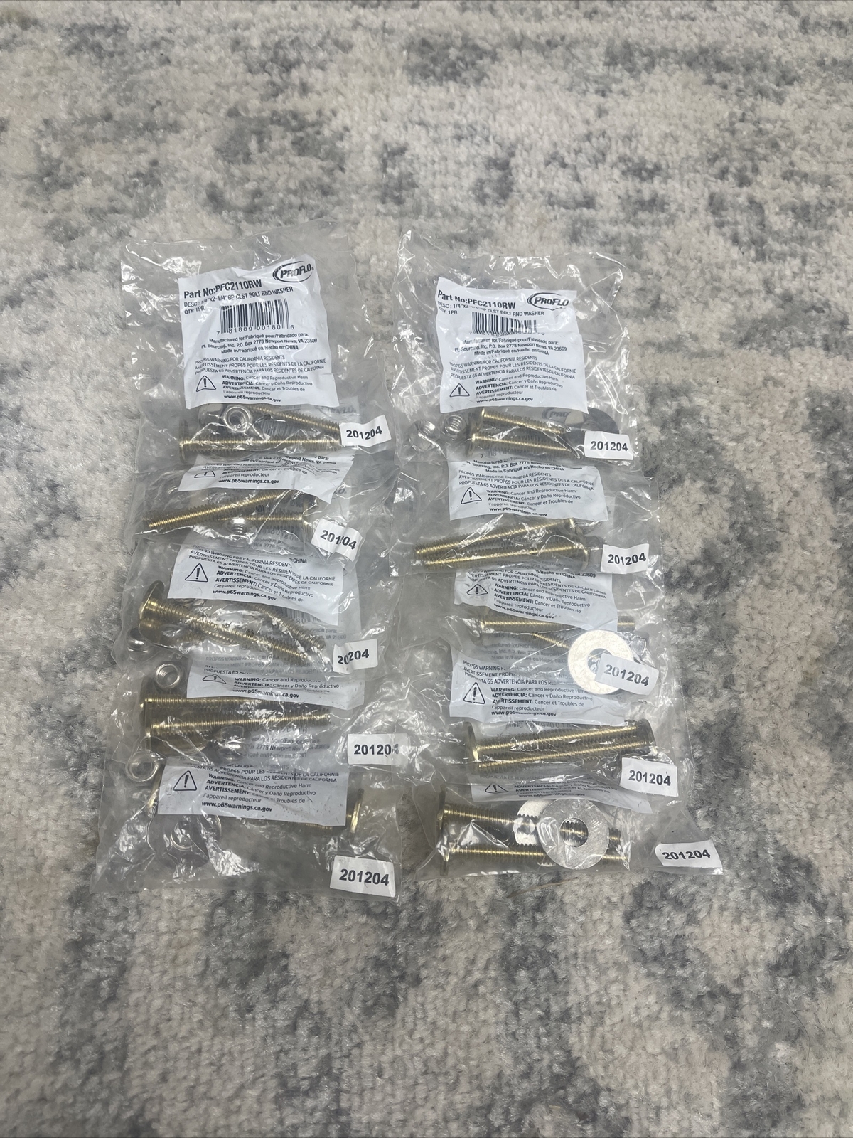 Lot of 10 - PROFLO 1/4 in. x 2-1/4 in. Brass Plated Steel Closet Bolts, PFC2110R