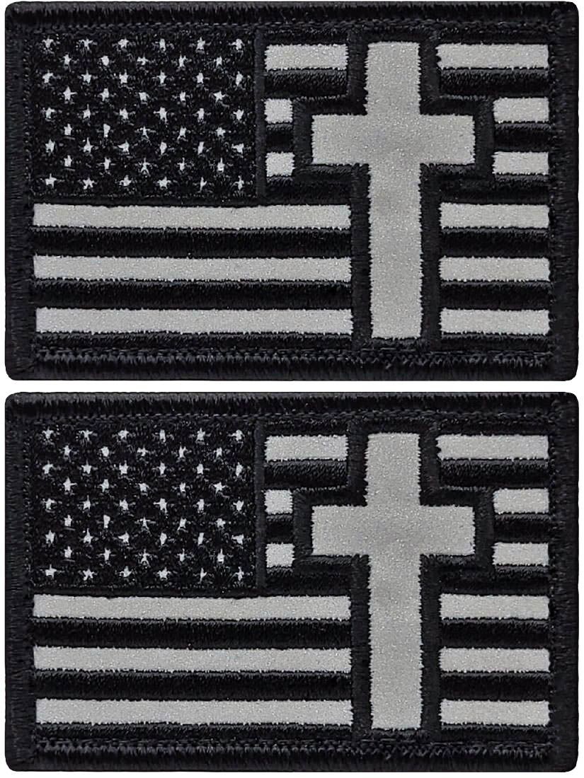 Reflective Cross USA American Flag Christian Cross Patch ||2PC Hook Back 3"x2"