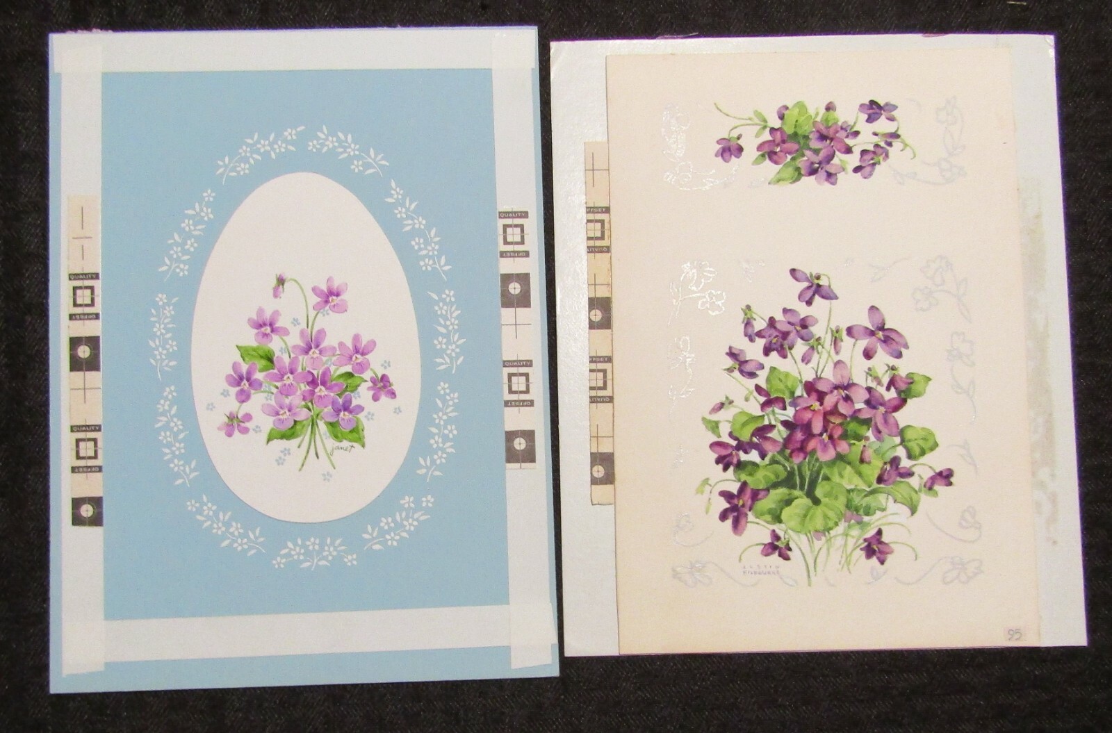 EASTER THOUGHTS Purple Flowers on Blue Field 6x8" Greeting Card Art LOT of 2