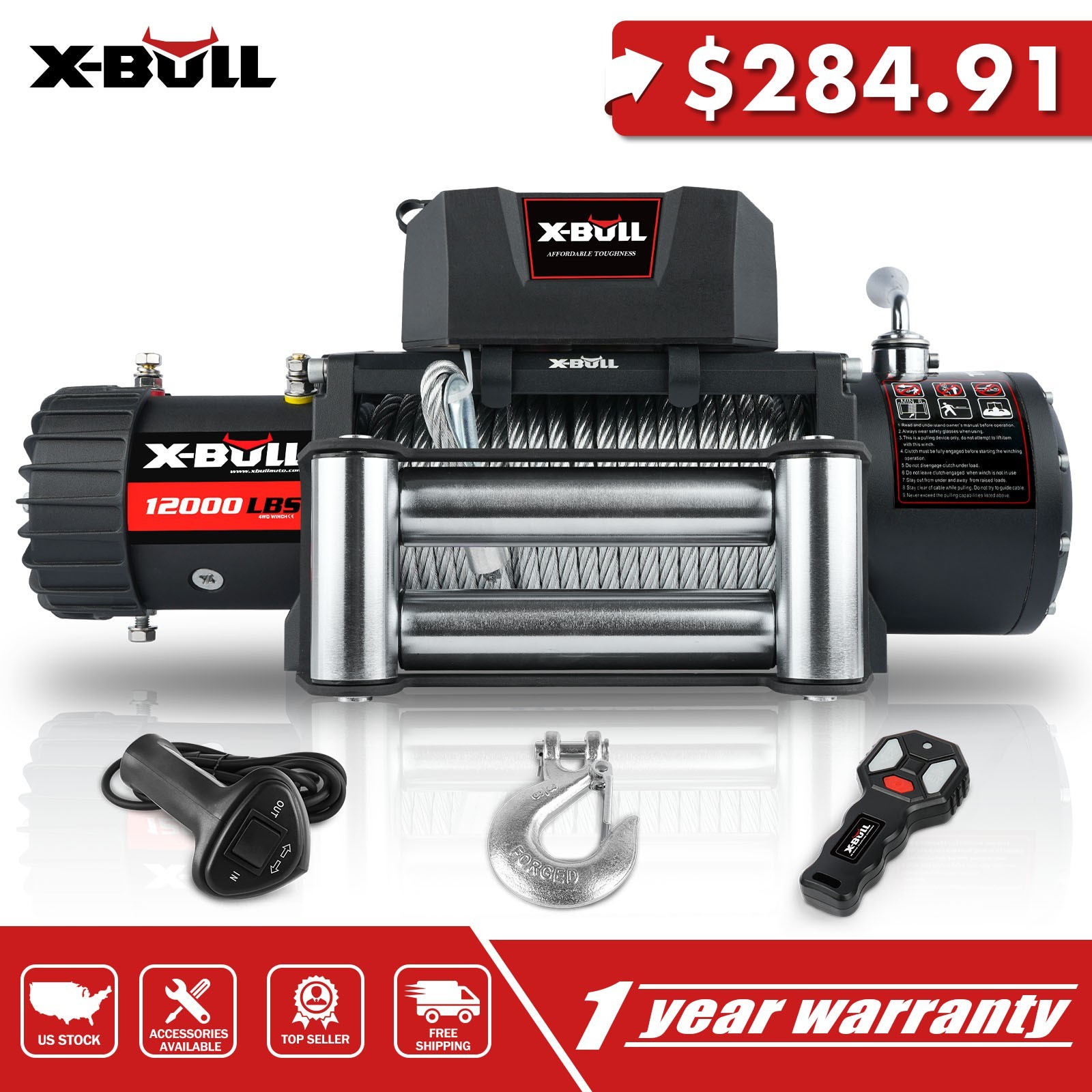 X-BULL Electric Winch 12000lb 12V Steel Cable Truck Trailer Off-Road SUV 4WD 4×4