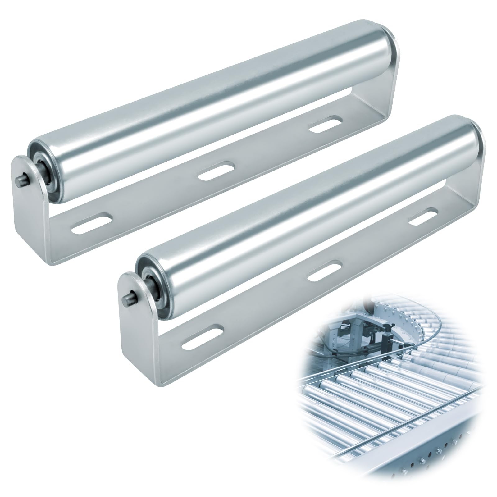 2 Pack Conveyor Long Roller and Bracket Set 10-inch, 1.5-inch Diameter Silver