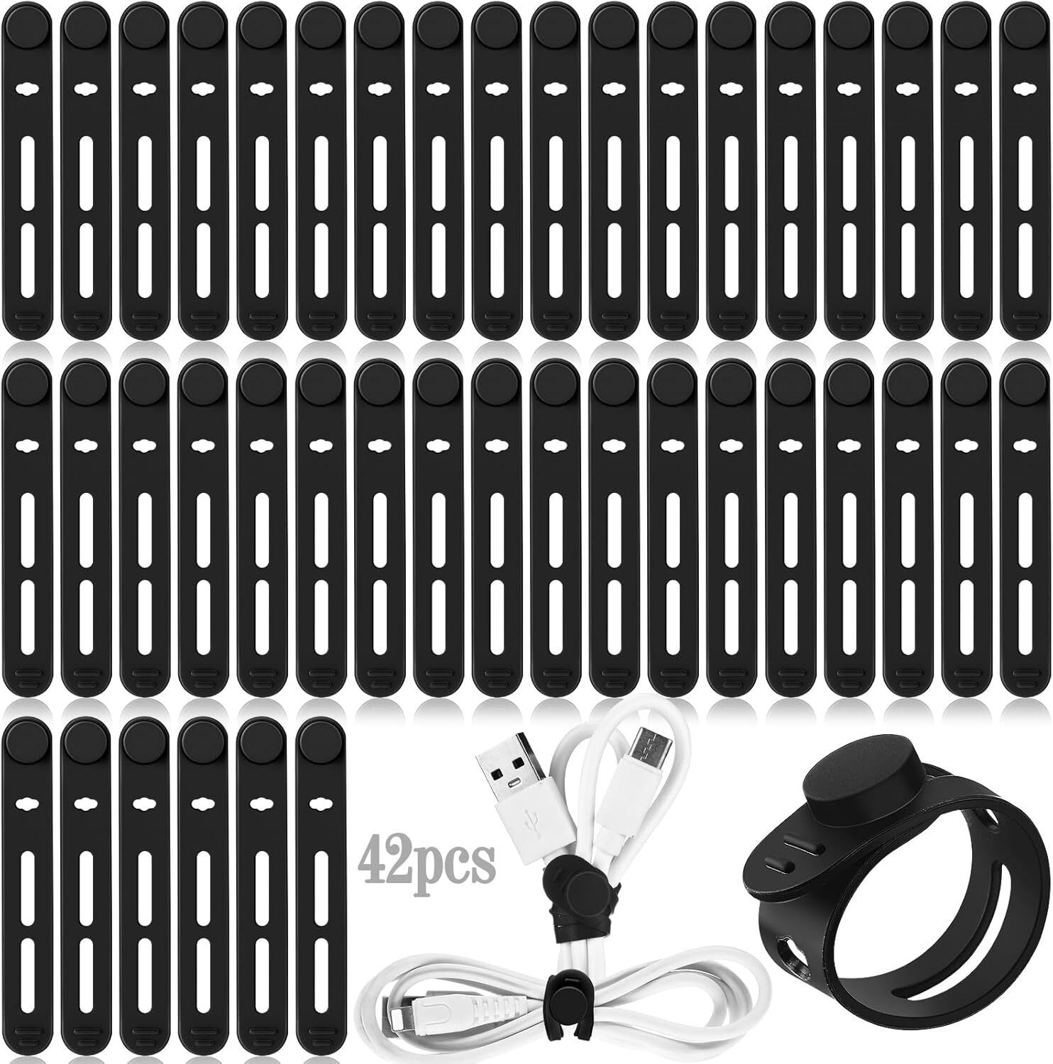 42 Pcs Silicone Cable Ties Reusable Cord Straps Multipurpose Elastic Cable