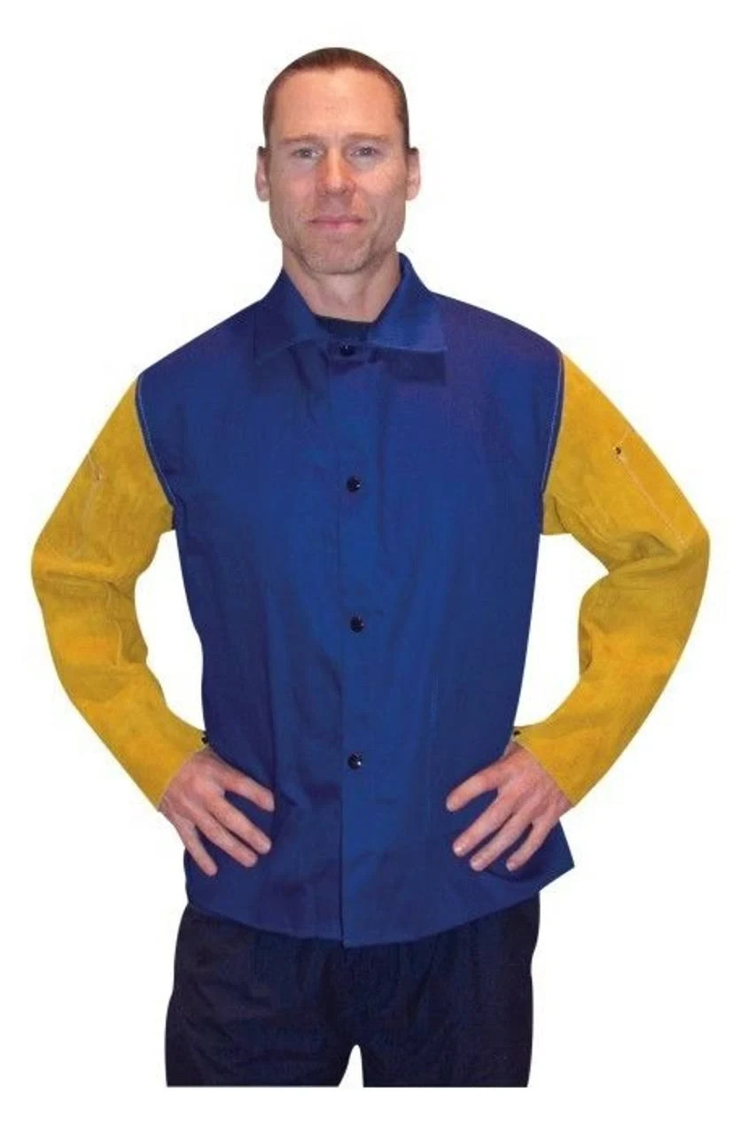 Tillman 9230 30" 9 oz. Blue FR Cotton/Leather Welding Jacket Small