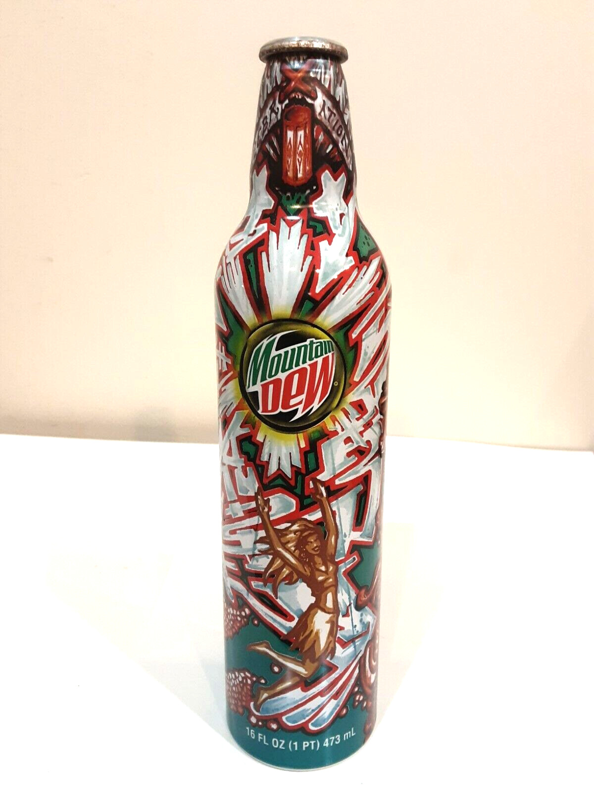 EMPTY MOUNTAIN DEW GREEN LABEL ART ALUMINUM BOTTLE NO CAP