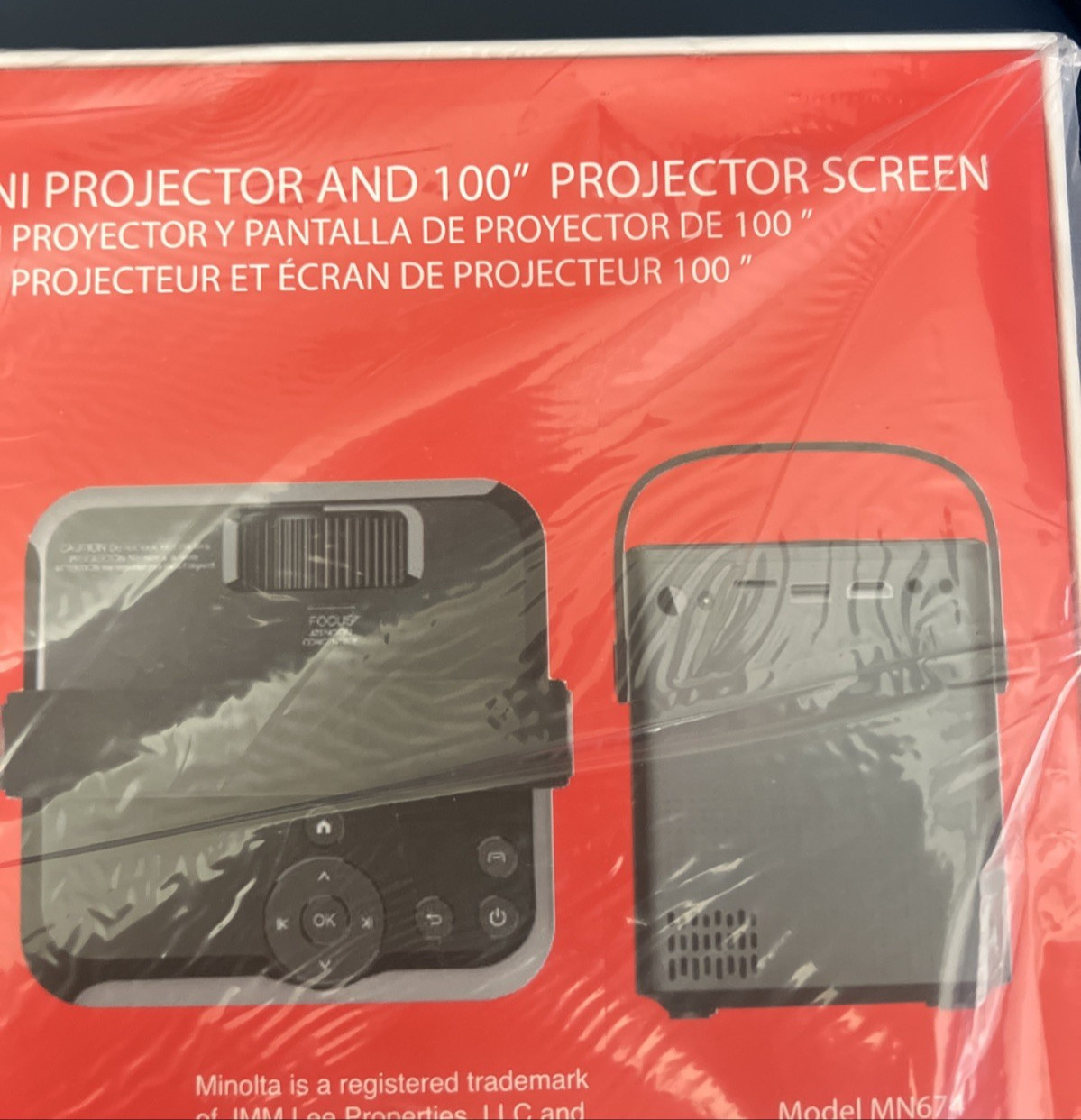 Minolta Mini Projector MN674 Bundle Pack with 100" Screen and Remote; New in Box