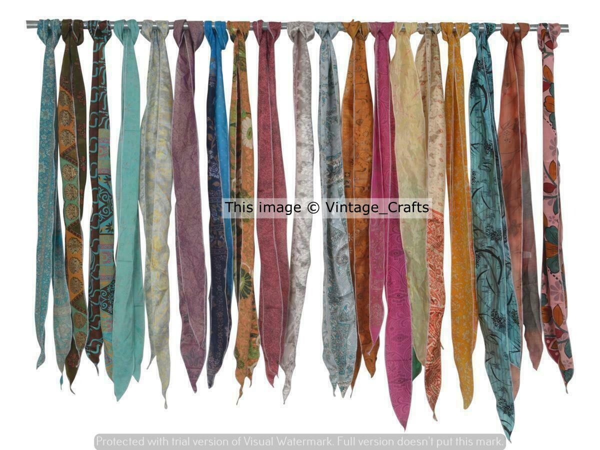 5Pcs Recycled Sari Silk Sashes Head Wrap/Scarf/Neck Tie 3x70” Handmade Boho Belt