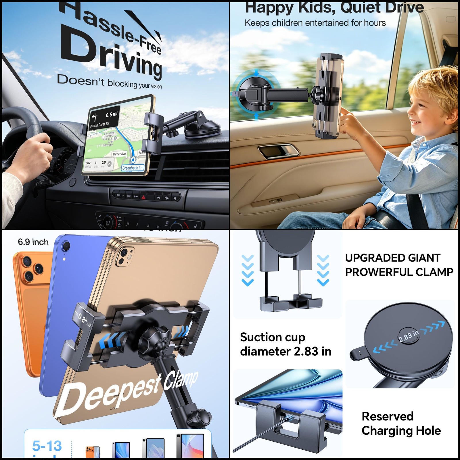 Coolpow Tablet Car Holder Suction Cup Mount For iPad Samsung 4.7"-12.9" Truck
