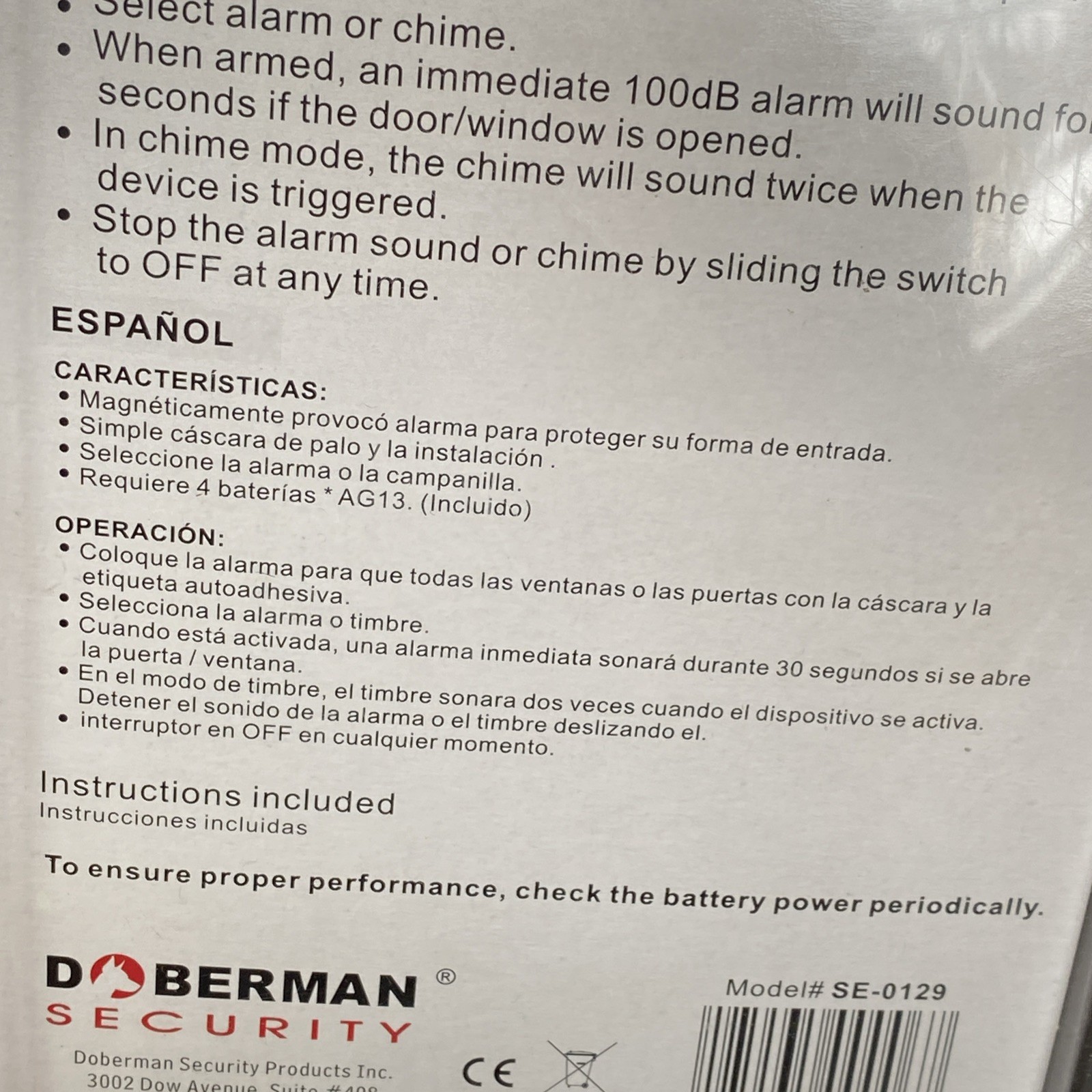 Doberman Security Mini Entry Defender 100db Chime Model SE-0129 LOUD WINDOW DOOR