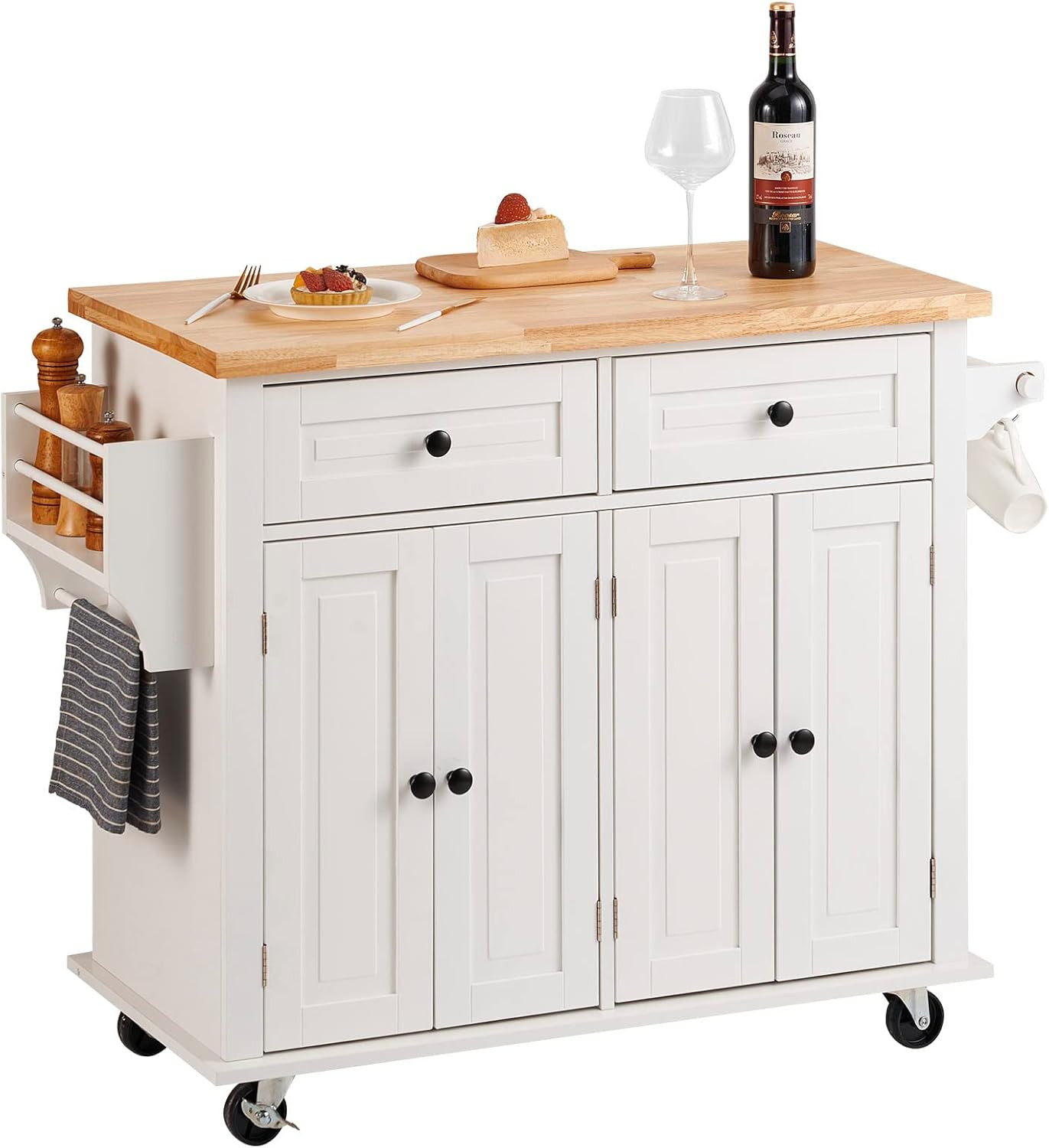 Kitchen Island Cart Rolling with Solid Wood Top Storage Cabinet Drawer White