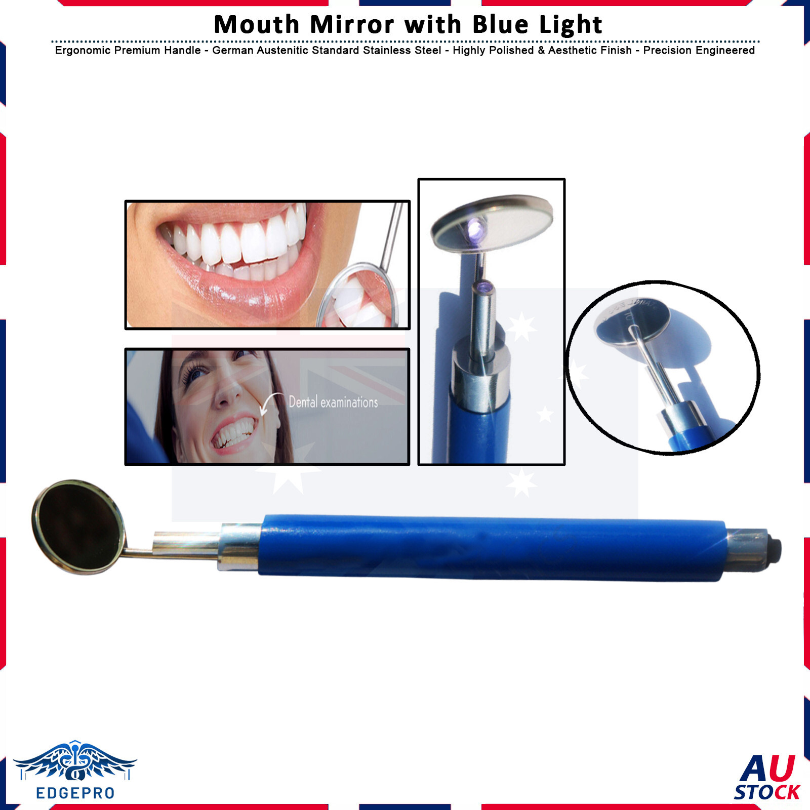 Mirror with Light (Color Blue) Dental Instruments Stainless Removable New