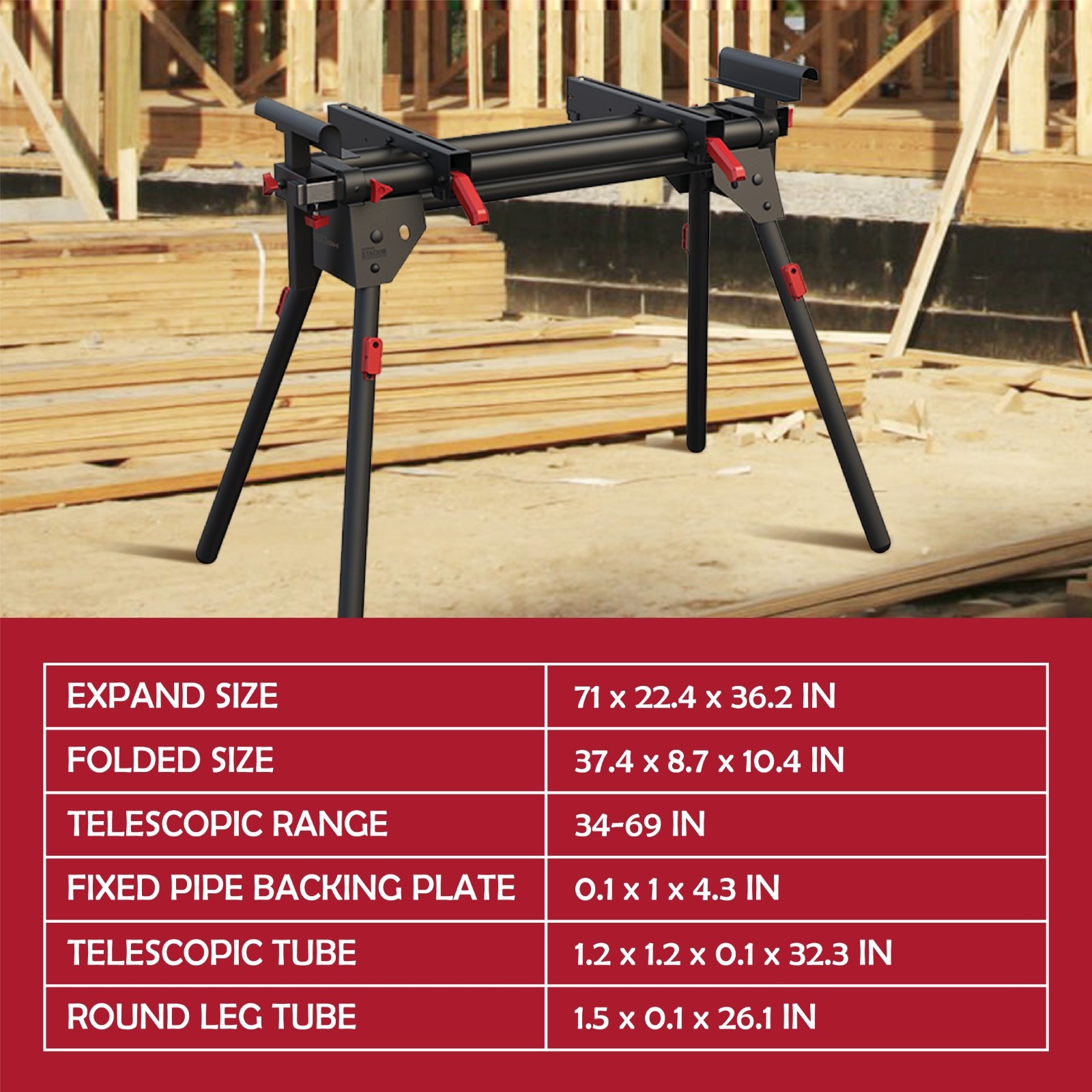 Hyper Stack Heavy Duty Miter Saw Stand–500 lb Capacity, Supports 10' Boards