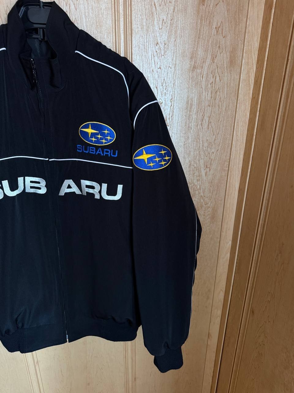 SUBARY WRC RACING RALLY POLYESTER COTTON BOMBER JACKET BLACK VINTAGE MENS SIZE L