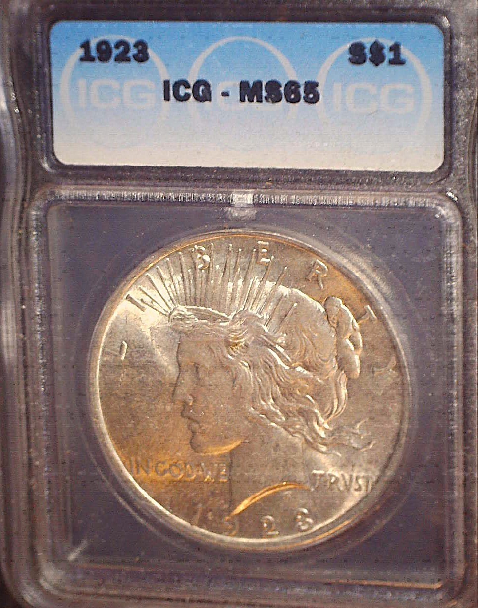 1923 Peace Silver Dollar, ICG MS65, Gorgeous  Gold Color Toning, Issue Free
