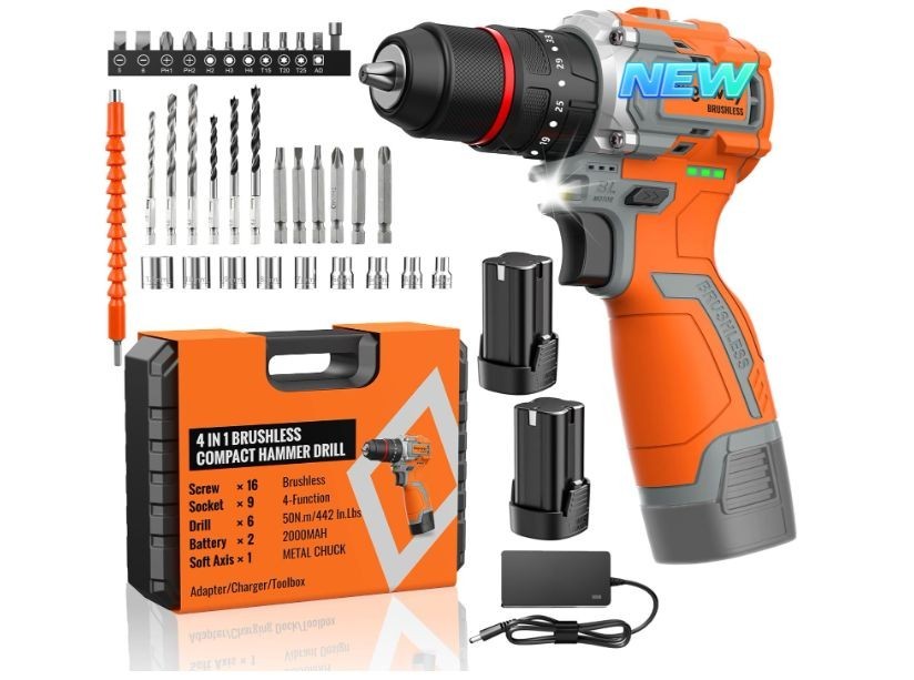 Taladro 16V 50Nm brushless con 2 baterías y 36 accesorios multifunción. NUEVO