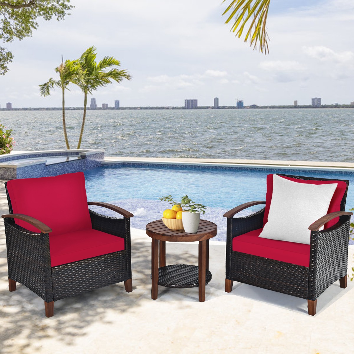 Patiojoy 3PCS Patio Rattan Furniture Set Wooden Frame Cushion Table Shelf Red