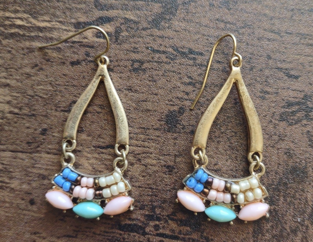 Brushed Goldtone Dangle Beaded Earrings 1 1/2"