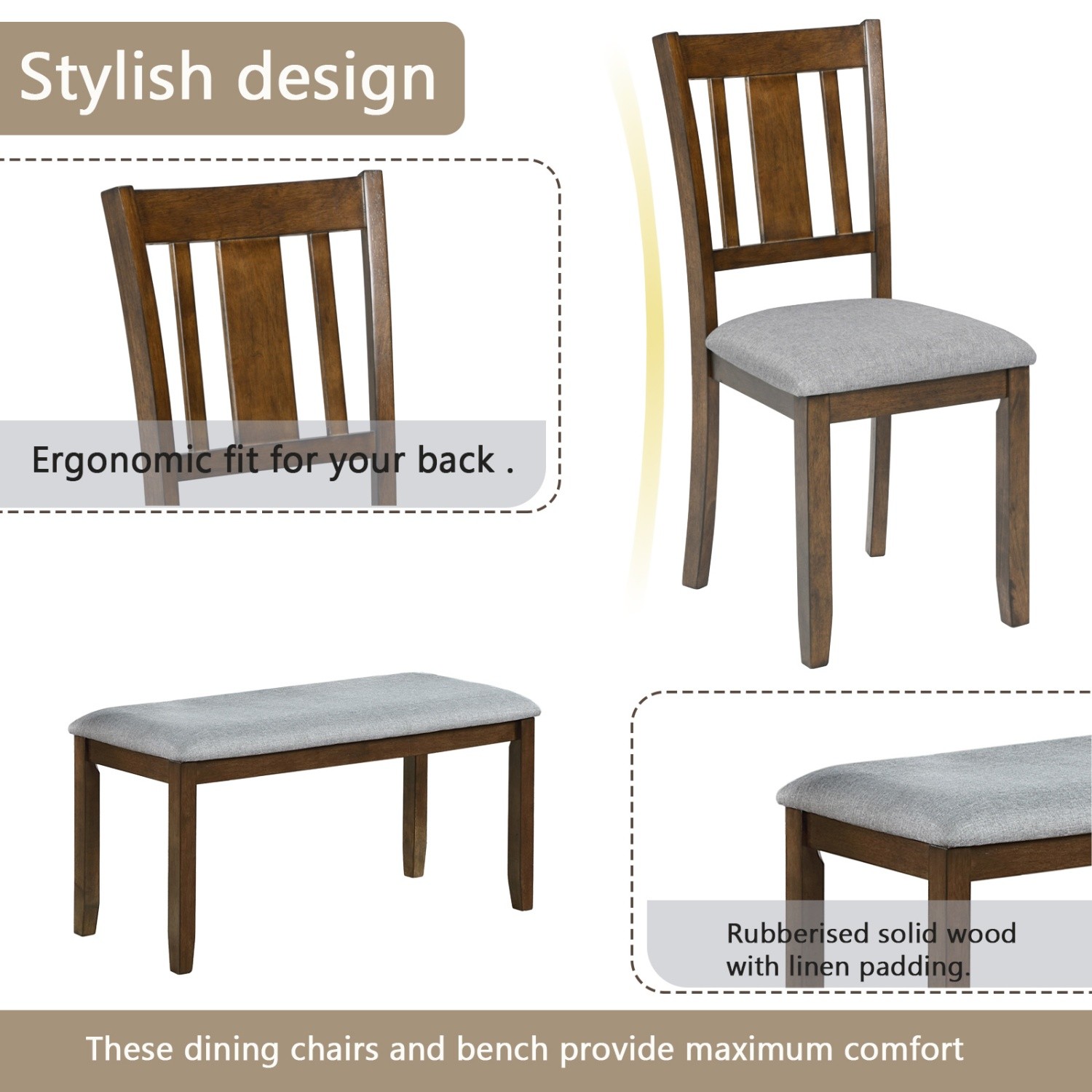 6 Piece Kitchen Dining Set Kitchen Table Wood Dining Table with 4 Chairs & Bench