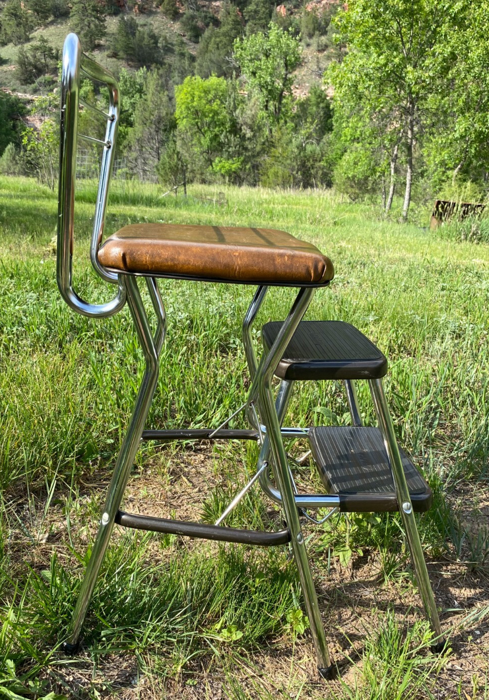 Vintage Cosco Chrome Kitchen 2 Step Stool Brown Seat 32 Inches Tall