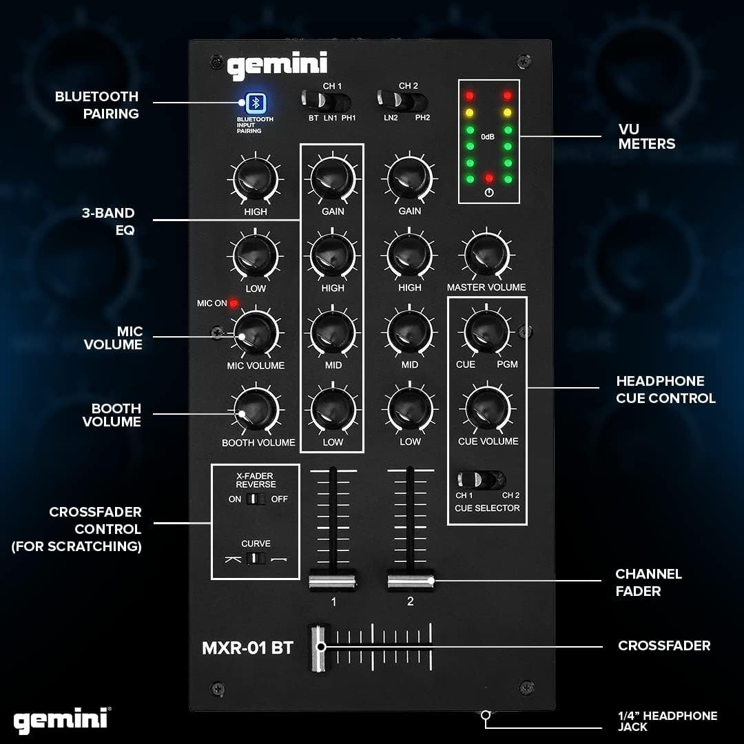 Gemini MXR-01BT 2 Channel Professional DJ Mixer With Bluetooth Input