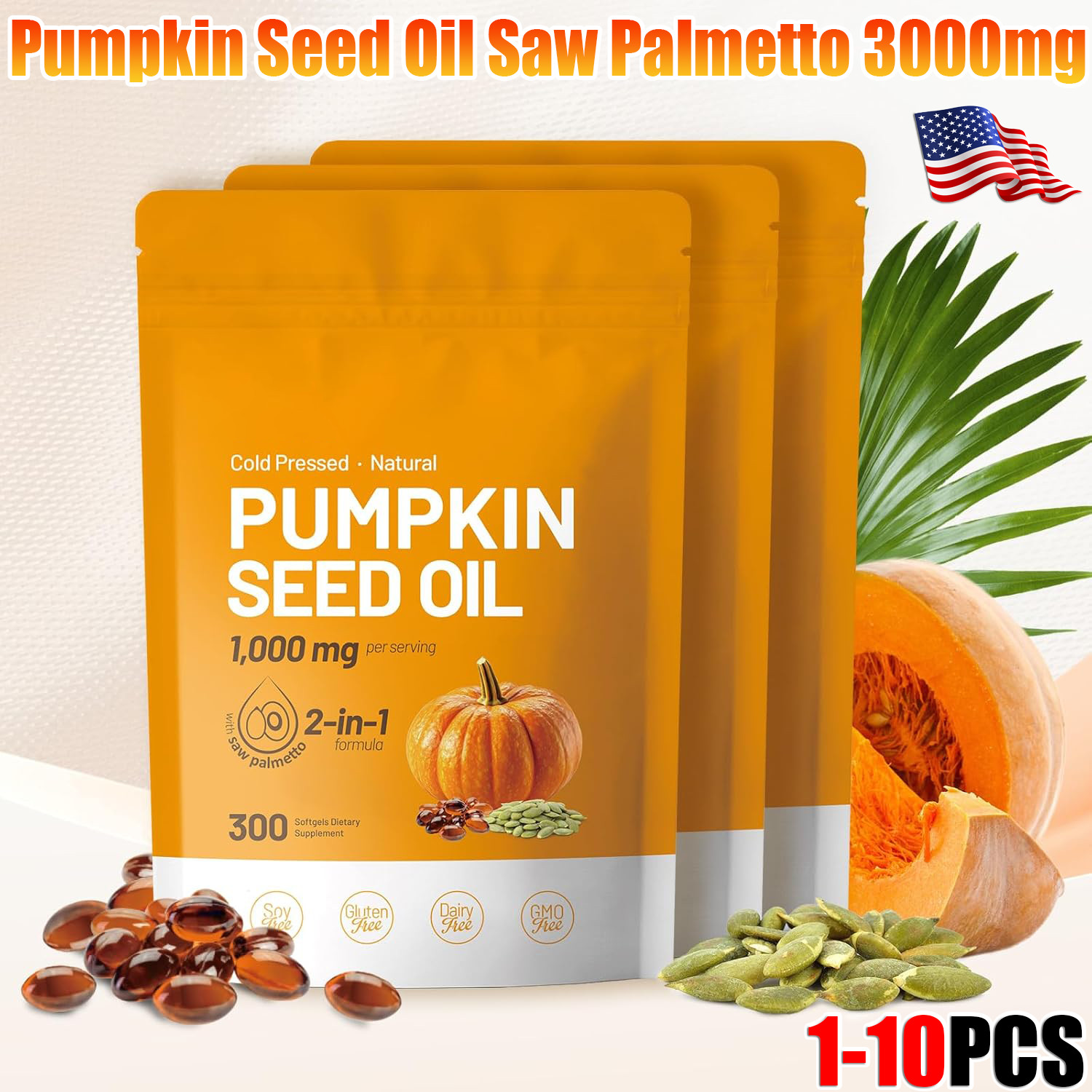 1-10x Pumpkin Seed Oil 1000mg + Saw Palmetto 300 Softgels | Prostate Support USA