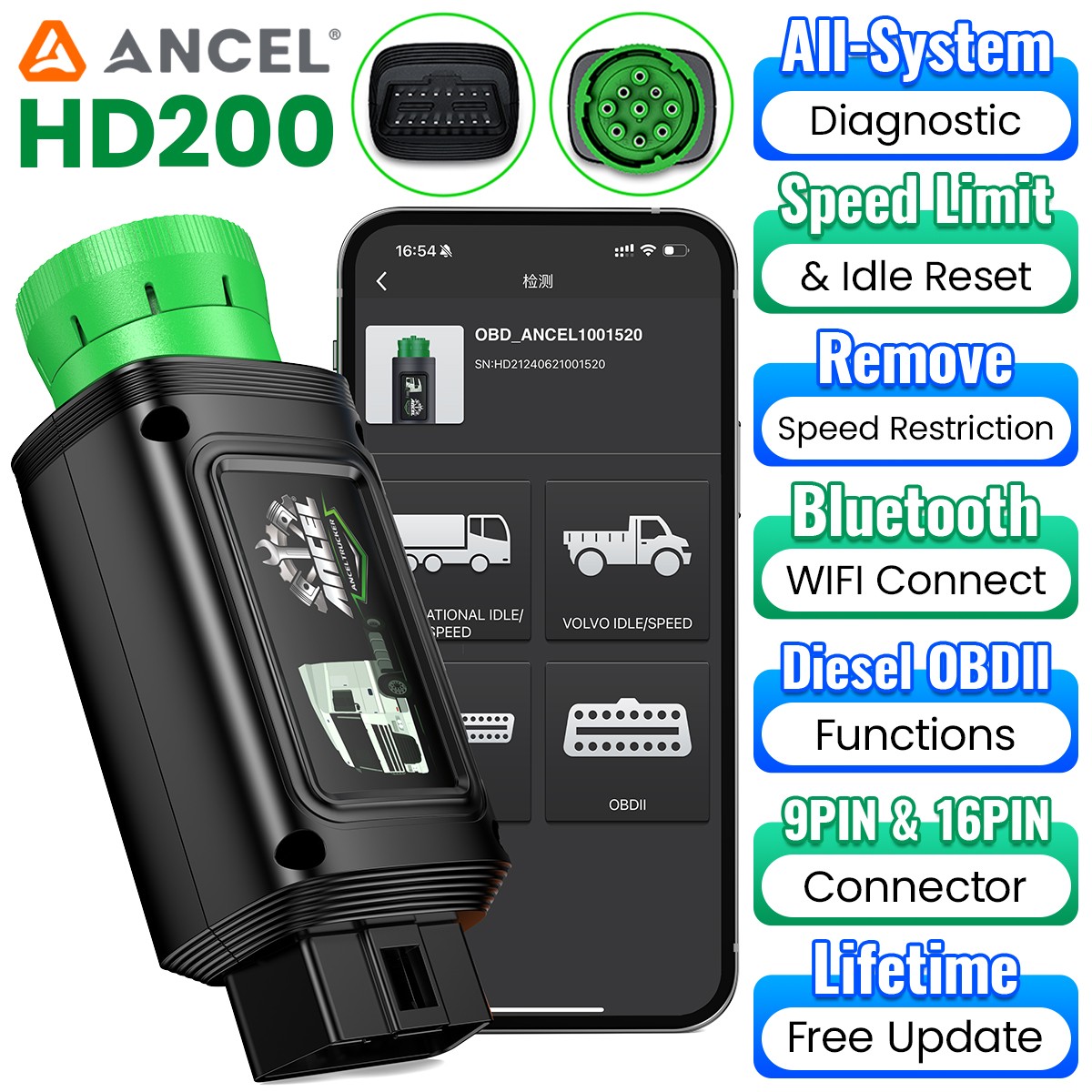 ANCEL HD200 Bluetooth Heavy Duty Truck Scanner Diagnostic Speed Limit and Idle