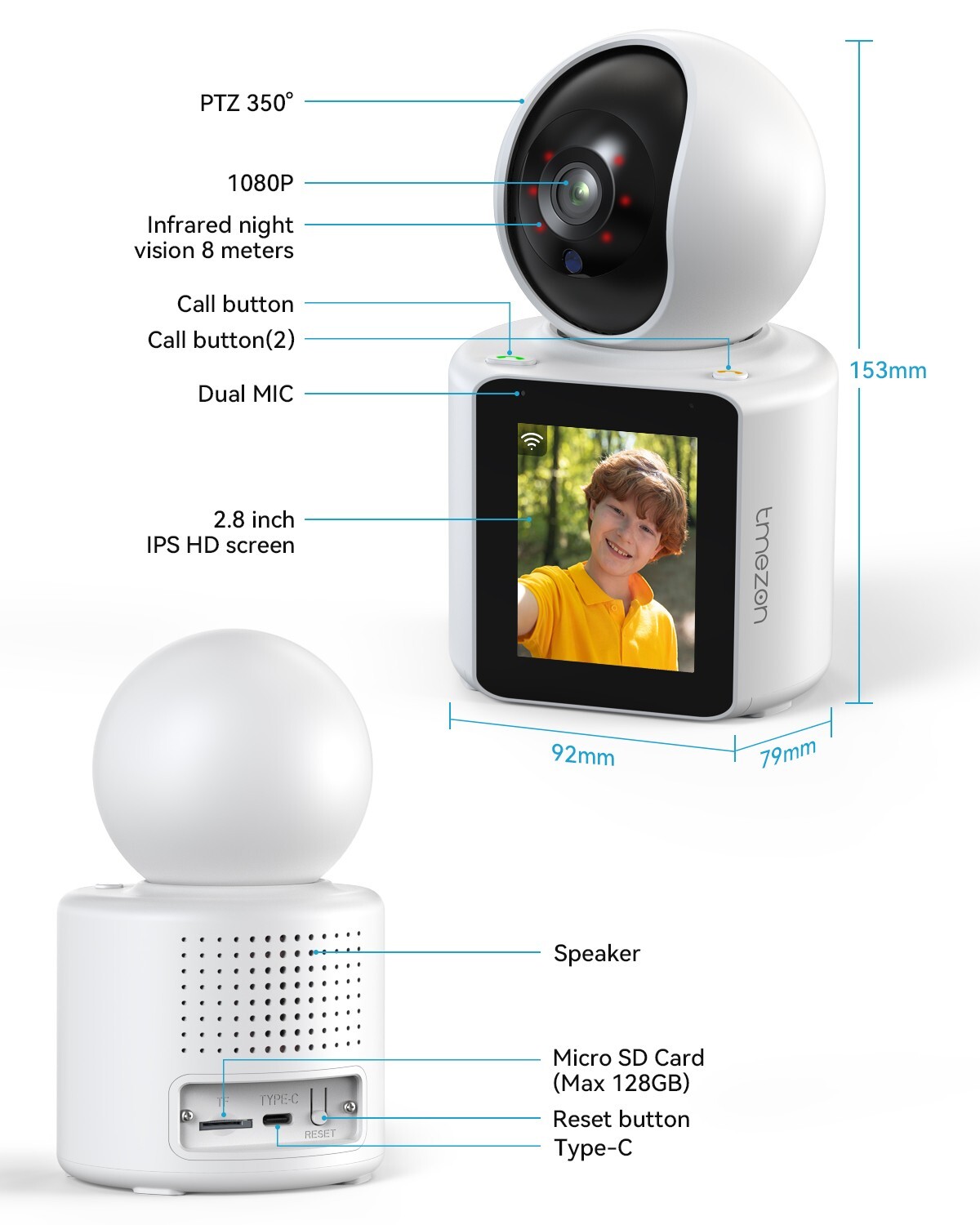Two Way Video Calling Camera, 2K Pet Camera Indoor with Phone App One Click Call