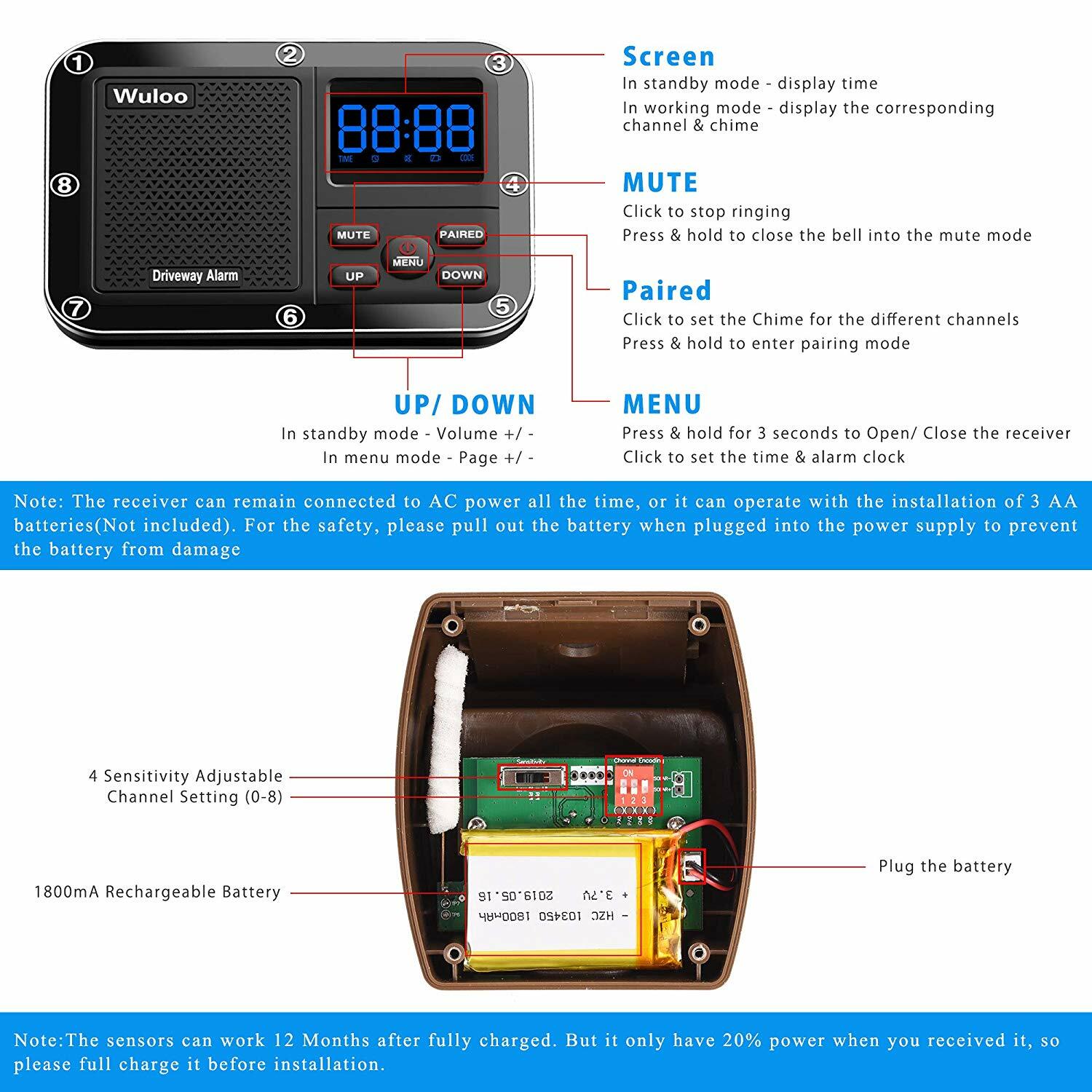 Wuloo Driveway Alarms Wireless Long Range Motion Sensor Alarm Home Yard Security