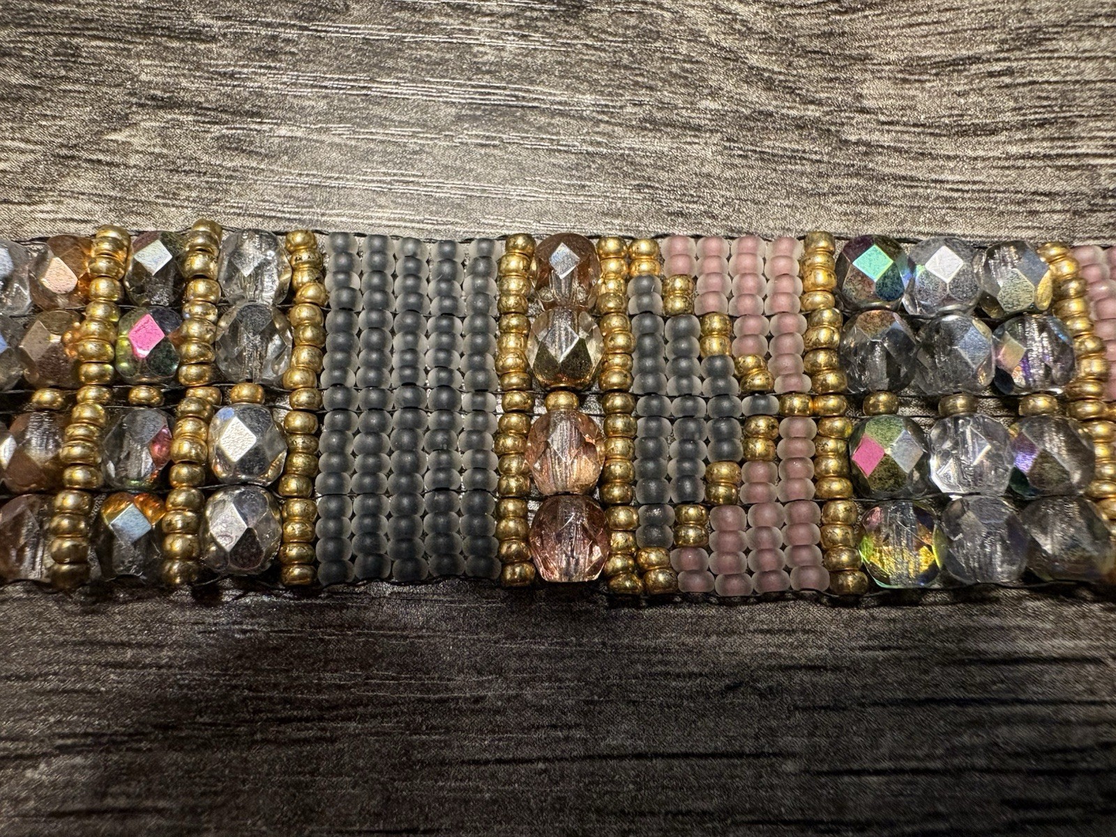 Multicolor Beaded Cuff Bracelet Adjustable 7in Glass Brass Hook Closure