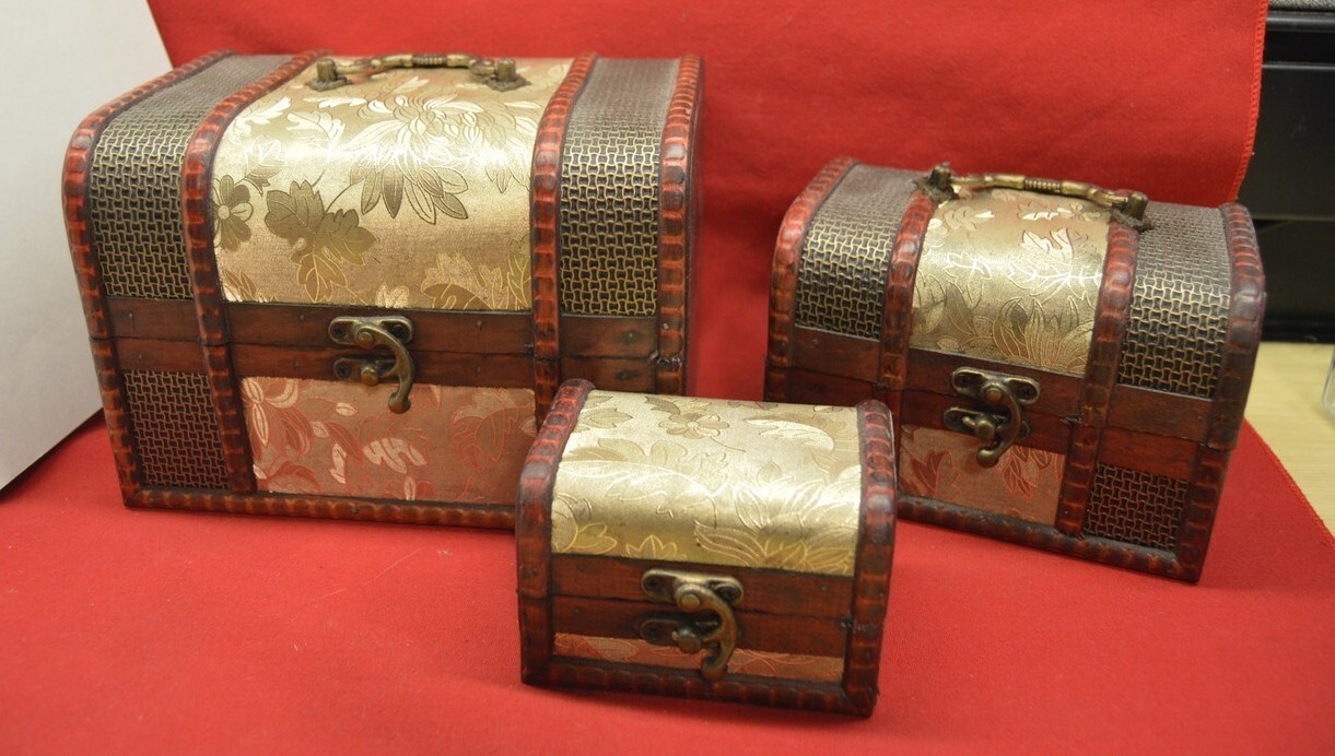 Set of 3 Nesting Storage Container Covered Boxes Gold Damask Vinyl Covered Wood