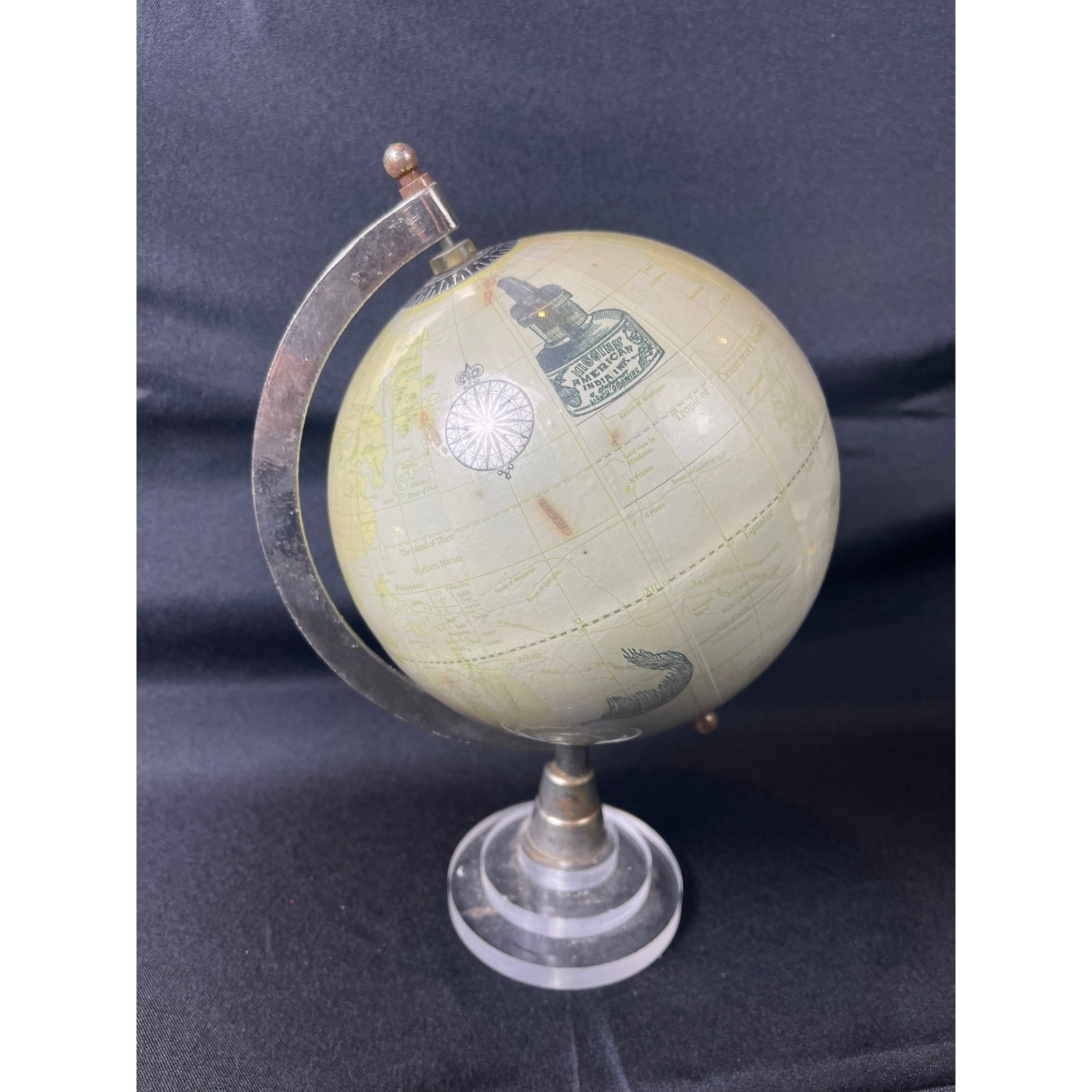 Vintage Style Desk Globe Cream Map Acrylic Base World Time Dial 8.5 Inch