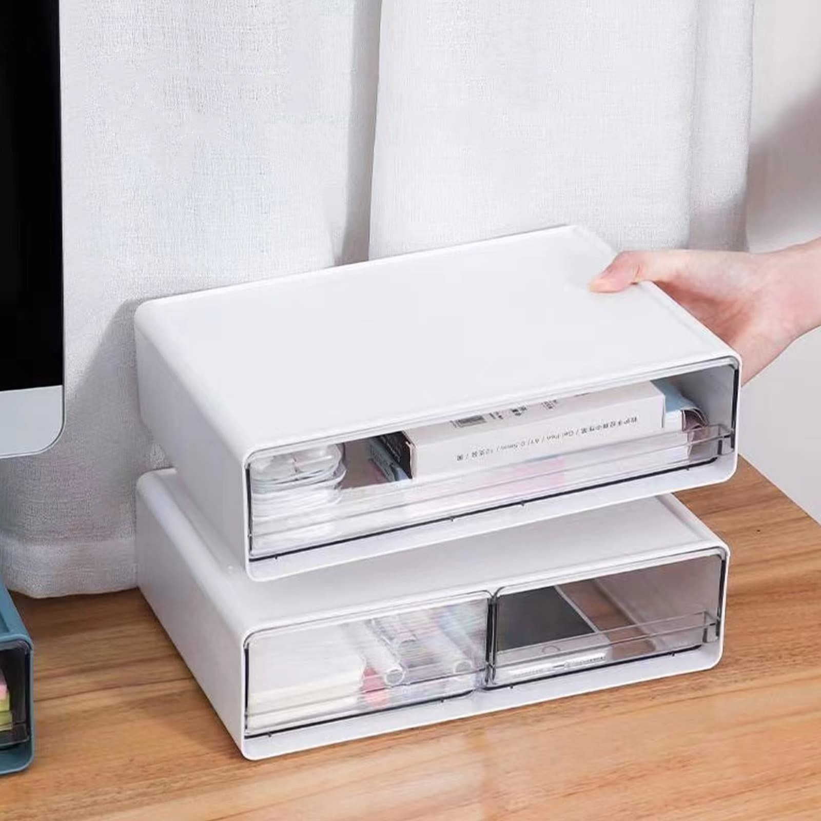 2 Packs Large Stackable Desk Organizer Drawers, Plastic Desk Storage Drawers,...