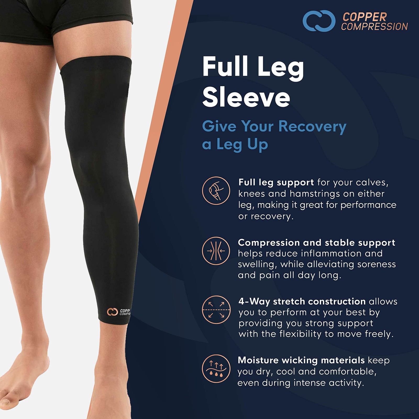 Copper Compression Leg Sleeve - Infused Knee Large, Black