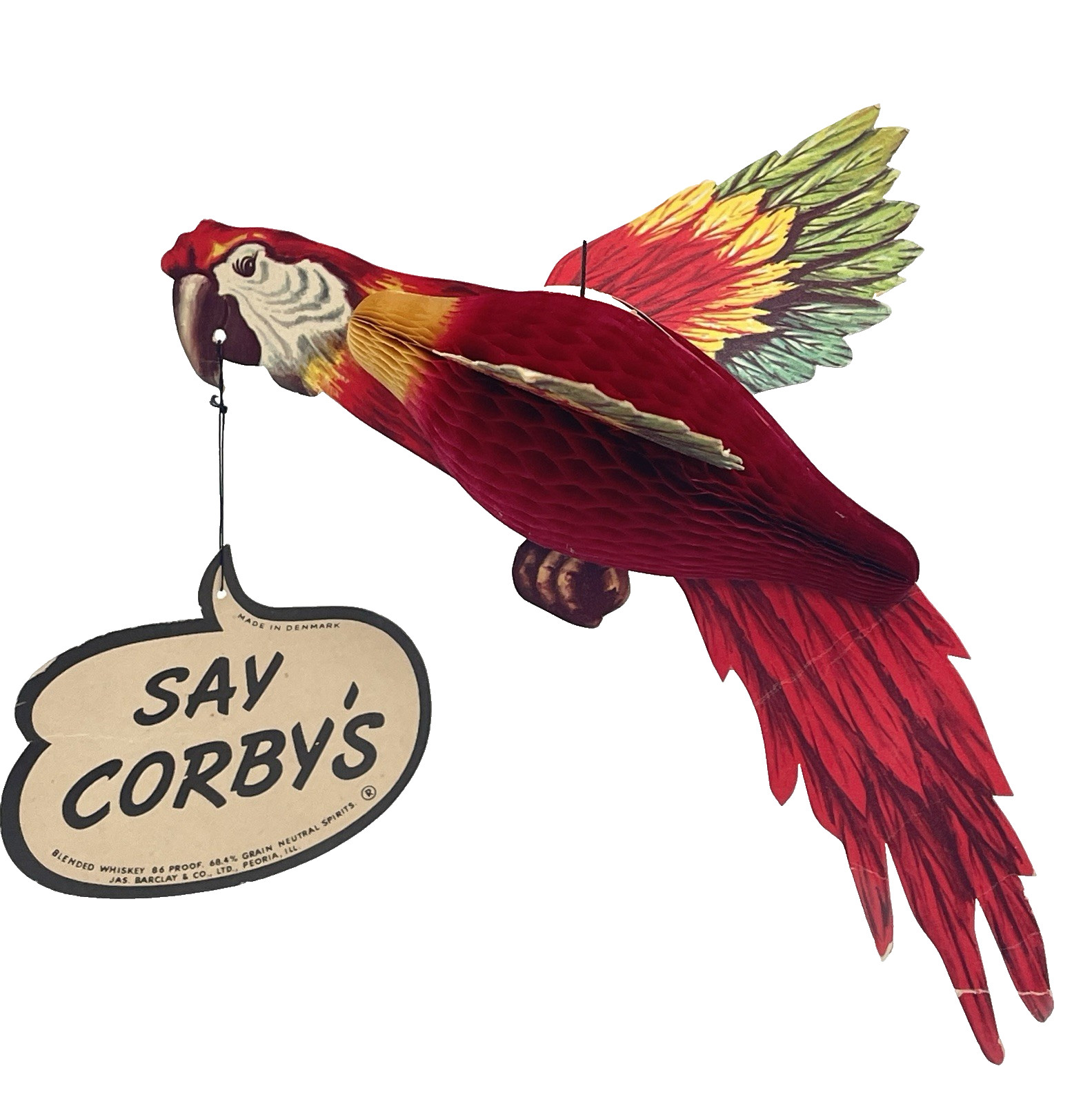 VTG Say Corbys Blended Whiskey Honeycomb Parrot Hanging Advertisment
