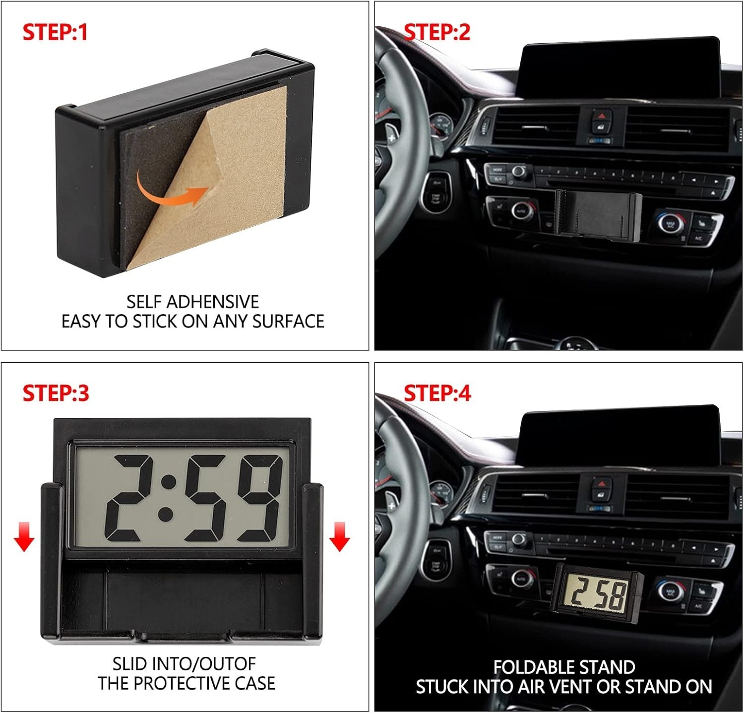 Compact Battery-Operated Digital Dashboard Clock with Stopwatch Function – Black