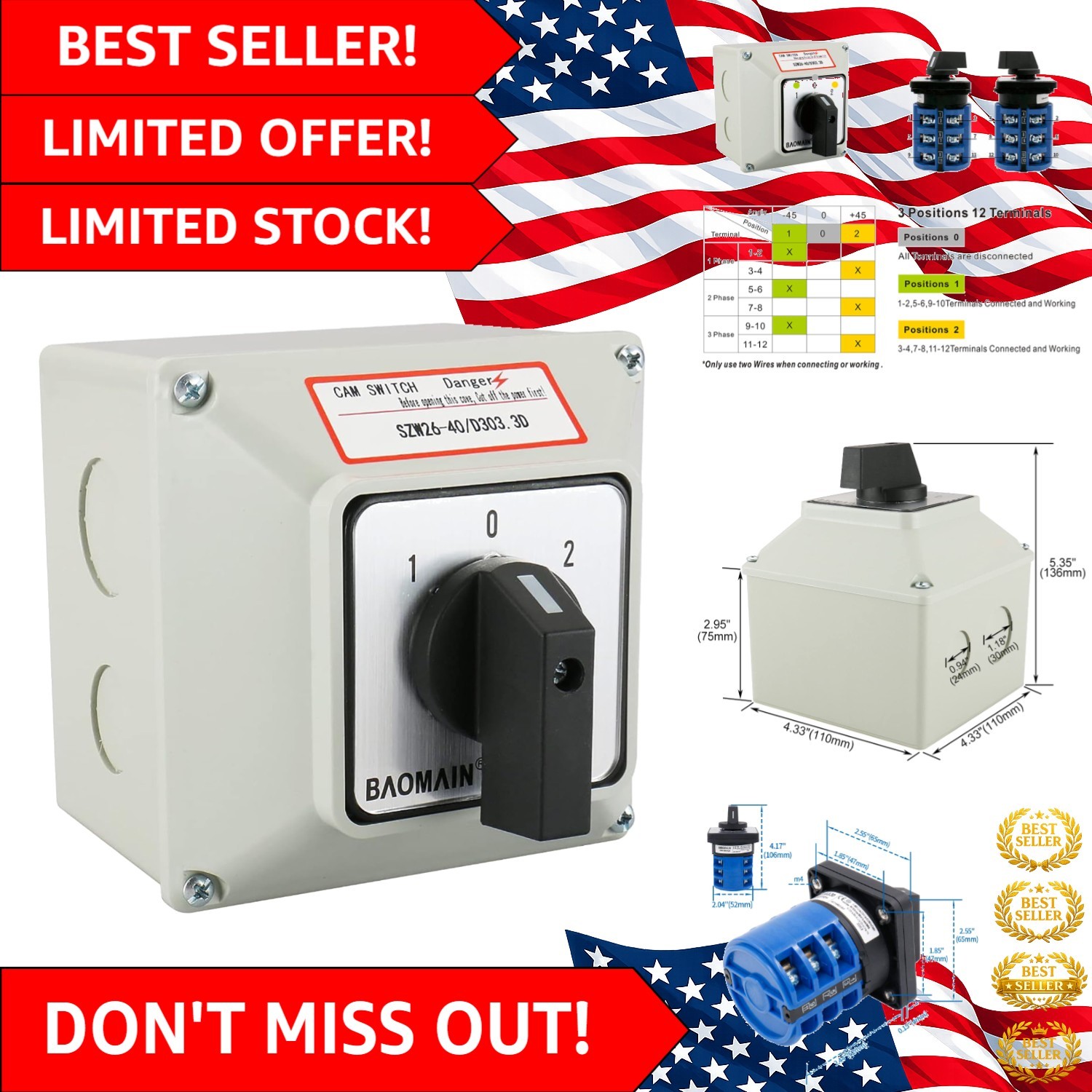 Heavy-Duty 3-Position 40A 660V Rotary Switch with Impact-Resistant Exterior Box