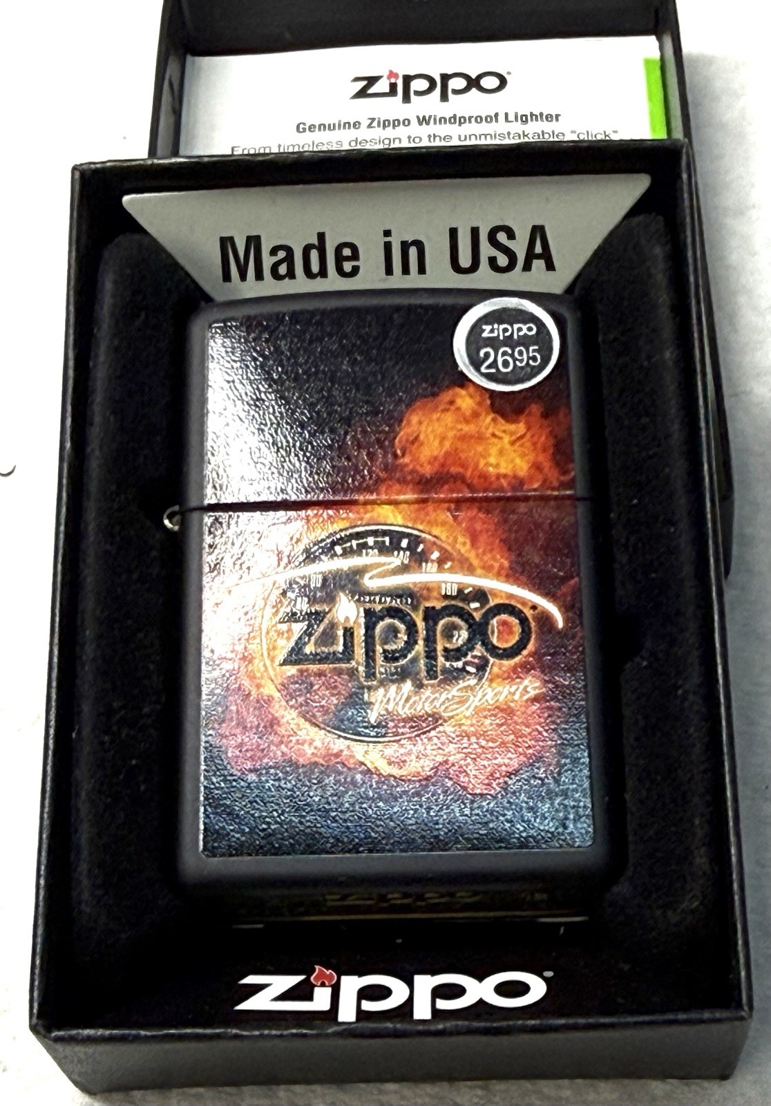 ZIPPO 2012 ZIPPO LOGO MOTORSPORTS FLAME BLACK MATTE LIGHTER SEALED IN BOX