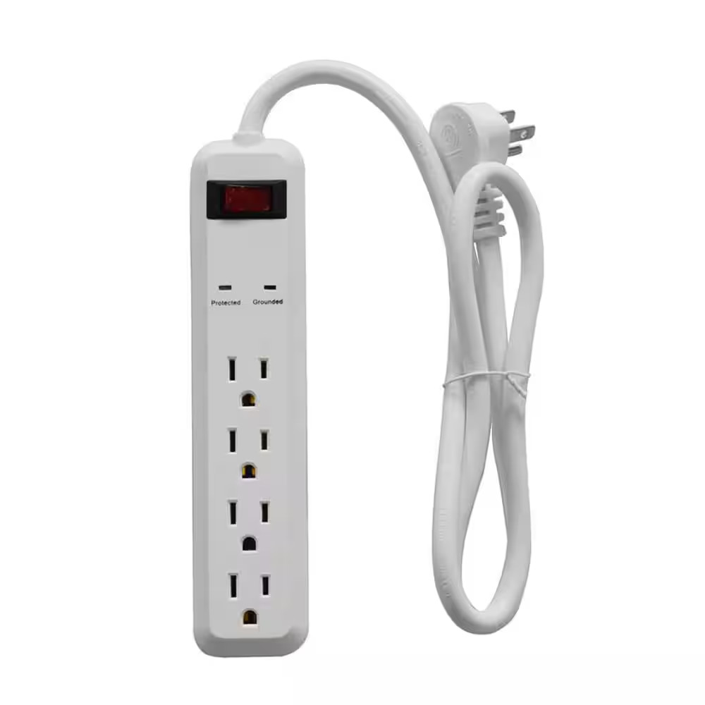3 Ft. 4-Outlet Power Strip Surge Protector with 45 Degree Flat Angle Plug, White