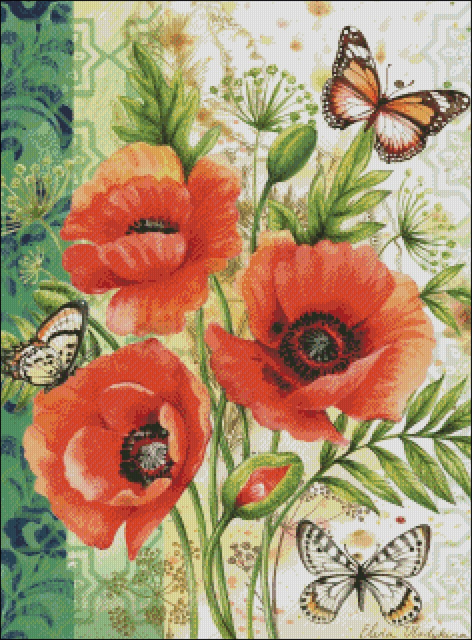 Chart Needlework Embroidery DIY Counted Cross Stitch Pattern - Garden Poppies