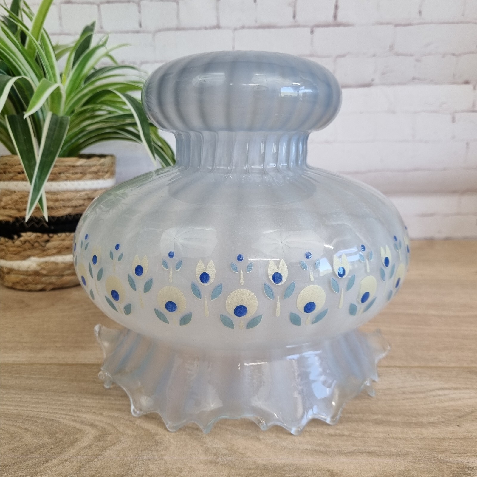Glass Light Lamp Shade Frosted Glass Blue Floral, Fluted, Frilled Edge Vintage