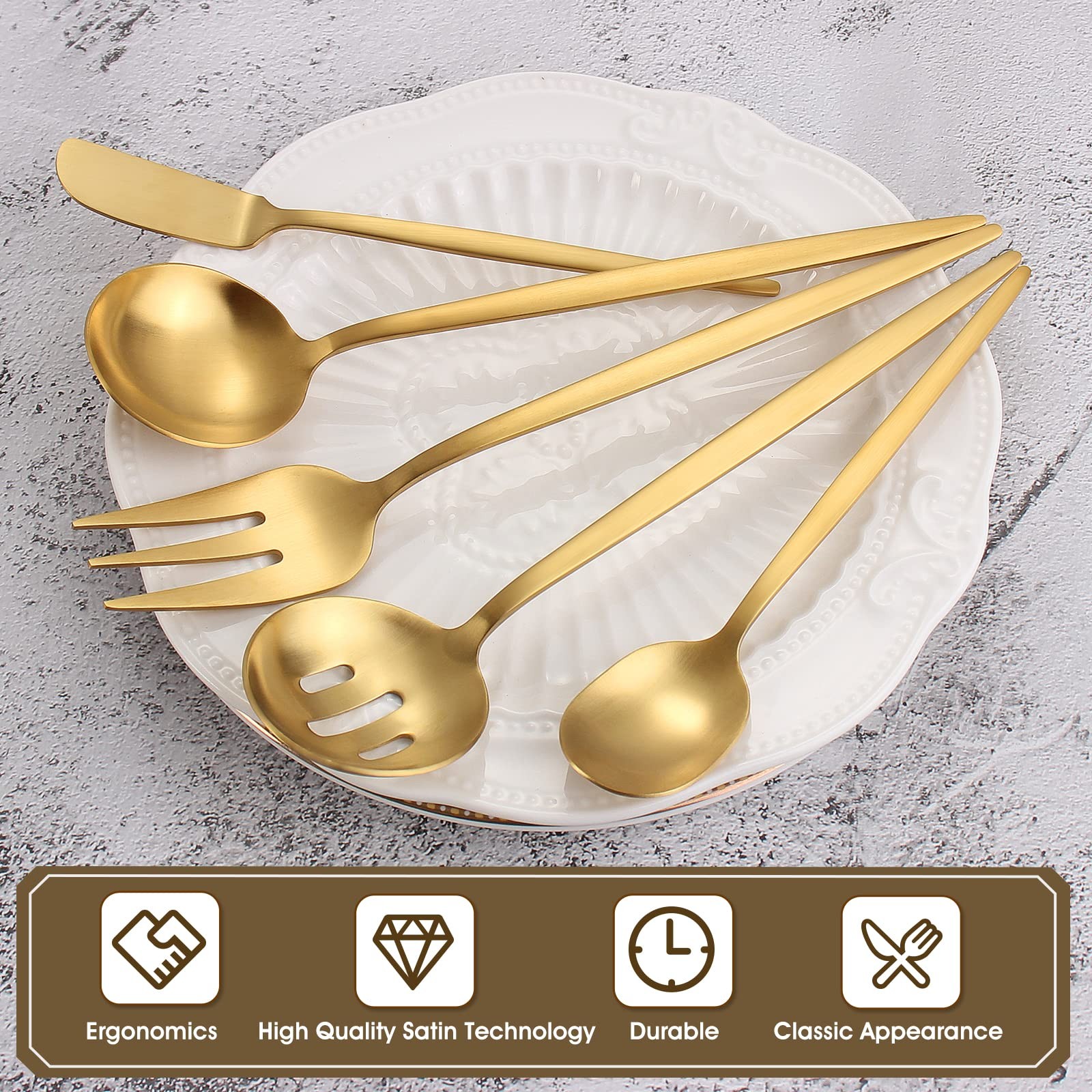 VANVRO Matte Gold Serving Silverware Set, 5-Piece Round Shared Utensils Set o...
