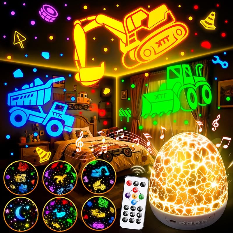 Construction Toys【15 Sounds & 6 Films】Truck Night Light Excavator Toys for Ag...
