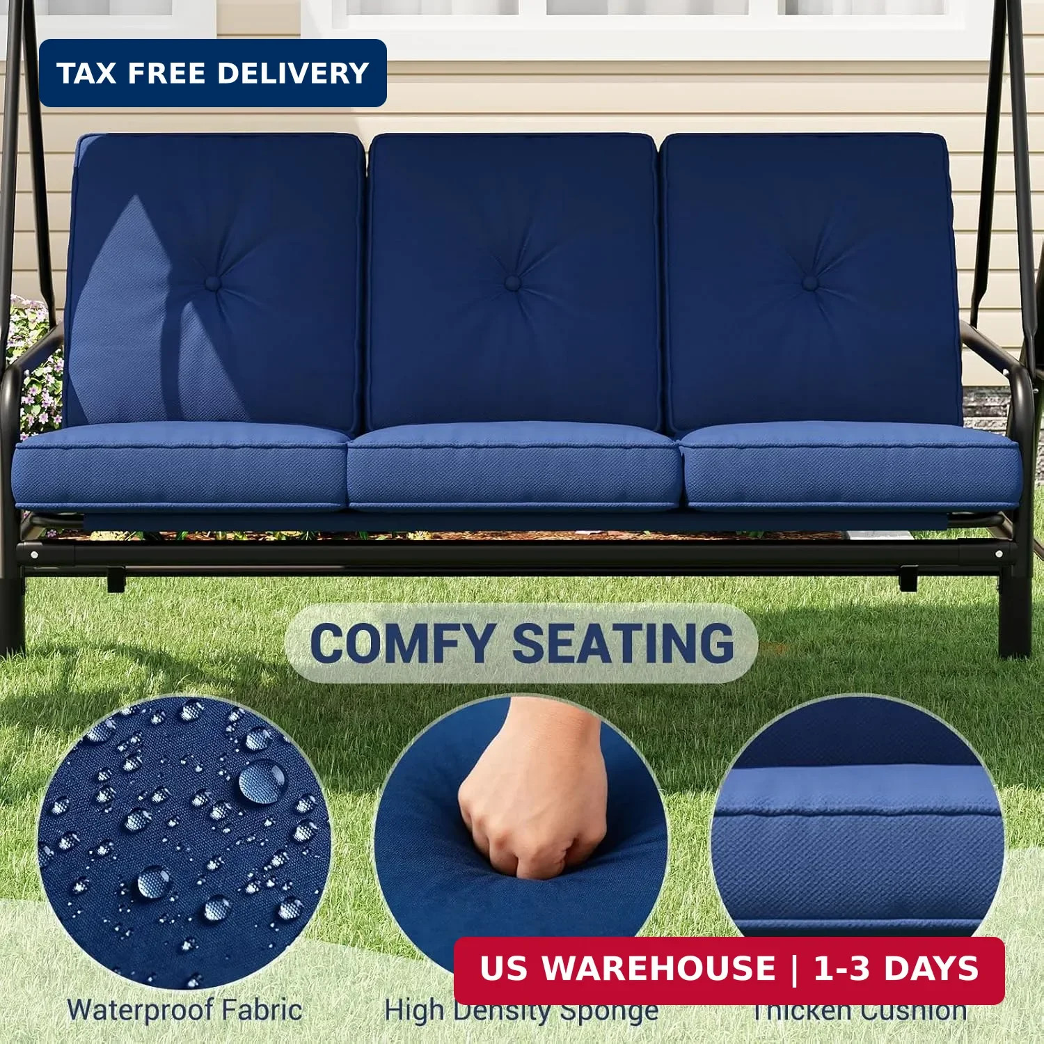 GarveeLife 3-Seat Outdoor Porch Swing with Adjustable Canopy, Convertible Patio