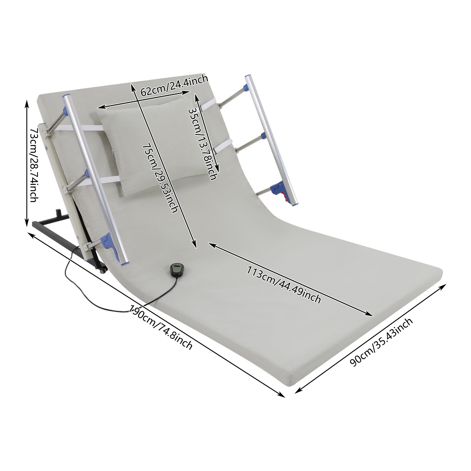 Ergonomic Electric Lifting Backrest Adjustable Lift Bed Back Support w/ Handrail