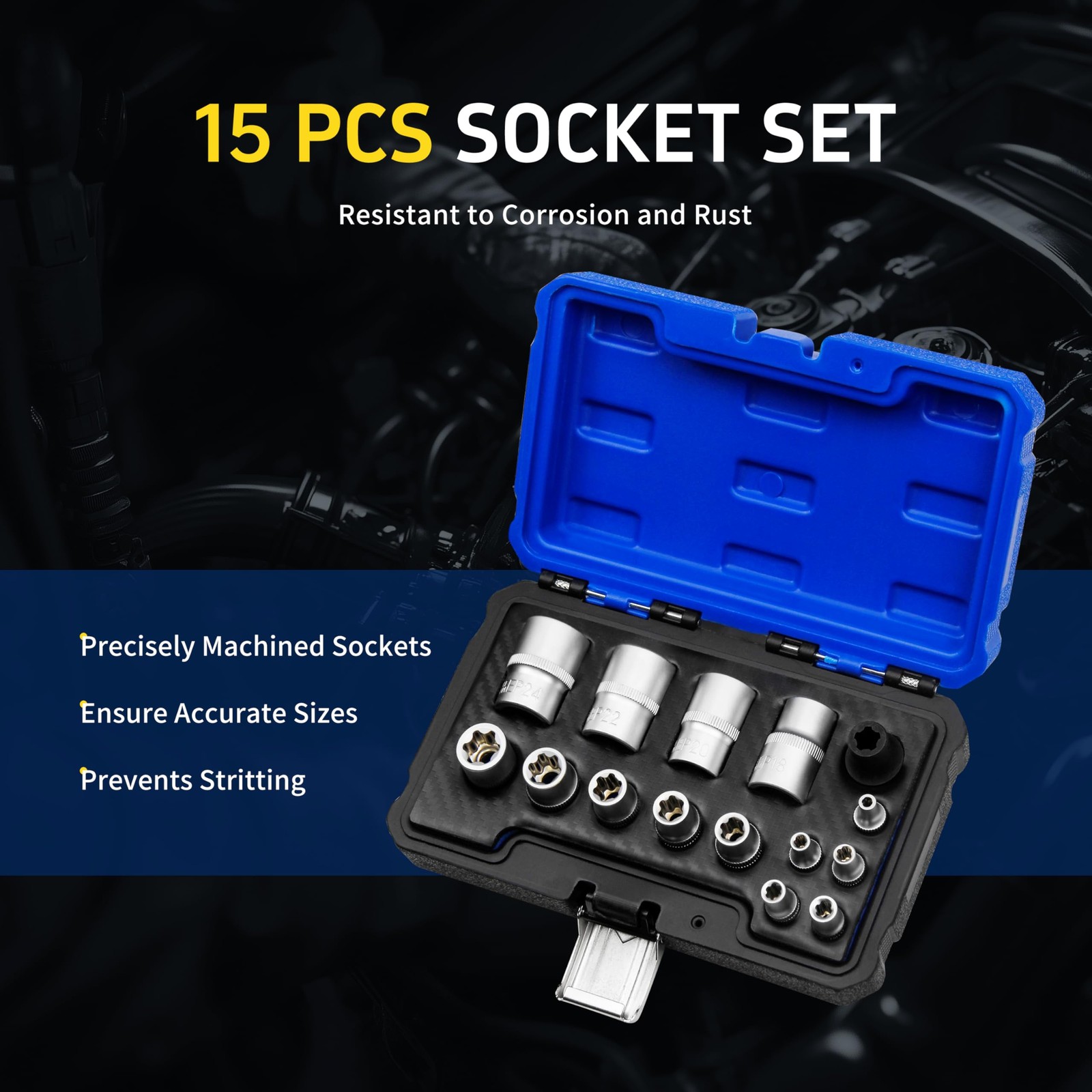 15pc External Torx Plus Socket Set with Tesla, 6 Point EP Sockets EP4, EP5, E...