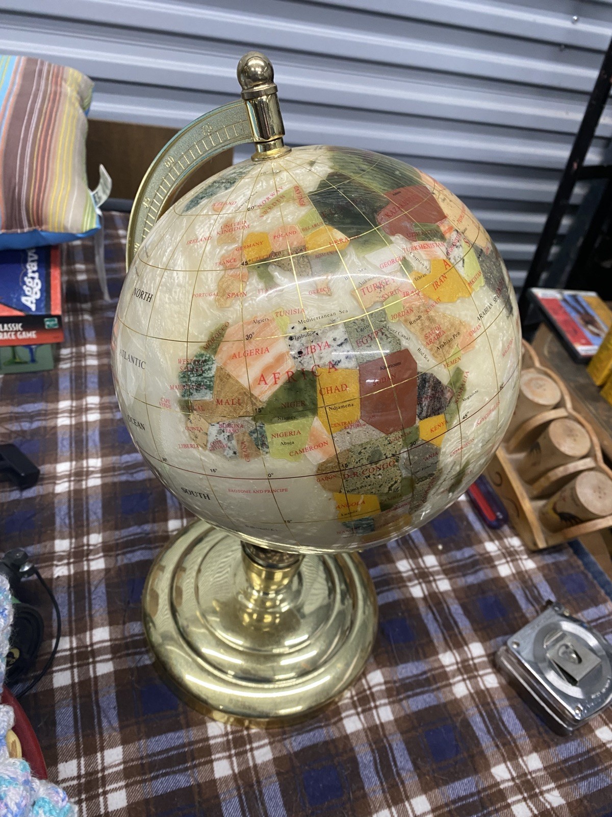 Vintage Inlaid Gemstone Globe World Map Semi Precious Stones Desktop Globe
