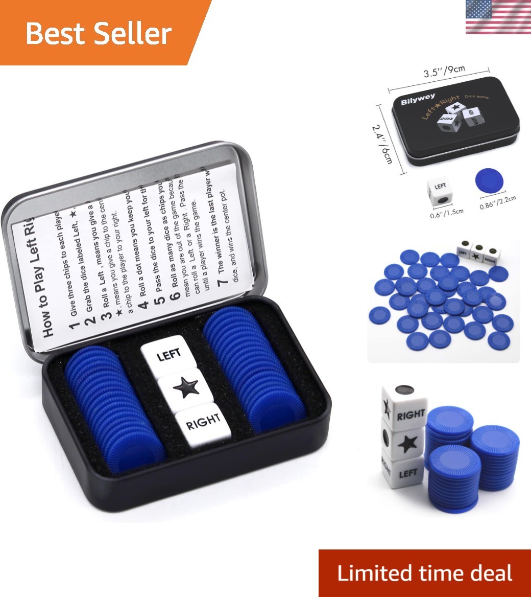 Family-Friendly Left Right Center Dice Game with Chips - Tin Box Included