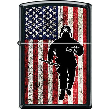 Zippo Windproof Metal Lighter - Fire Fighter on U.S. Flag Design on Black Base.
