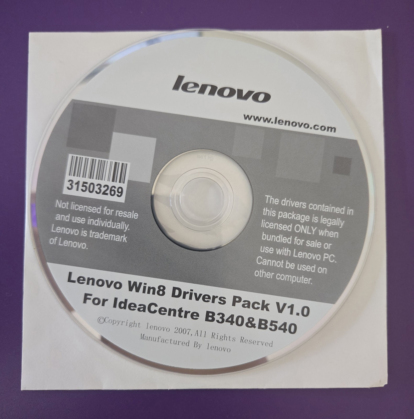 Lenovo Win8.1 Drivers Pack CD 2007 V1.0 Desktop IdeaCentre B340/B540 Series Disc